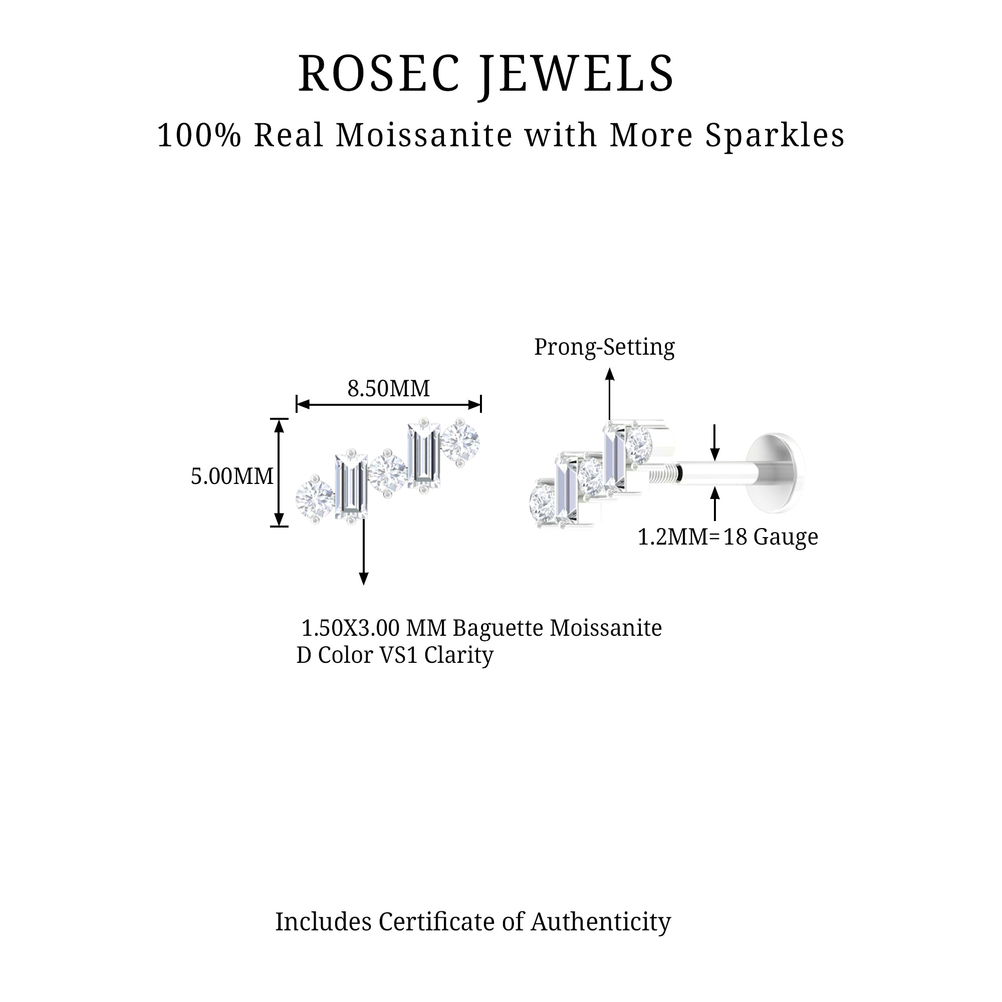 Baguette and Round Moissanite Ear Crawler Earring D-VS1 - Rosec Jewels