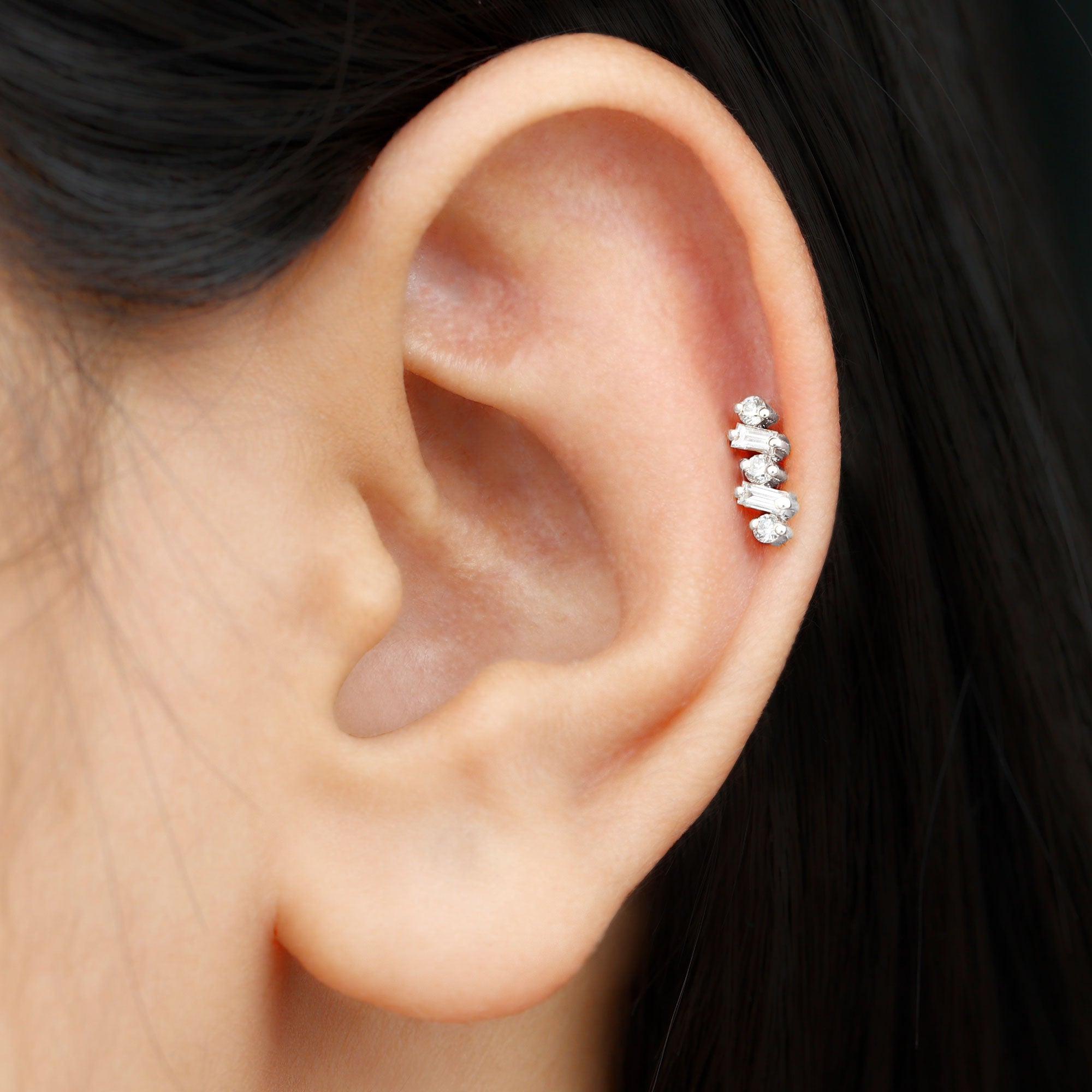 Baguette and Round Moissanite Ear Crawler Earring D-VS1 - Rosec Jewels