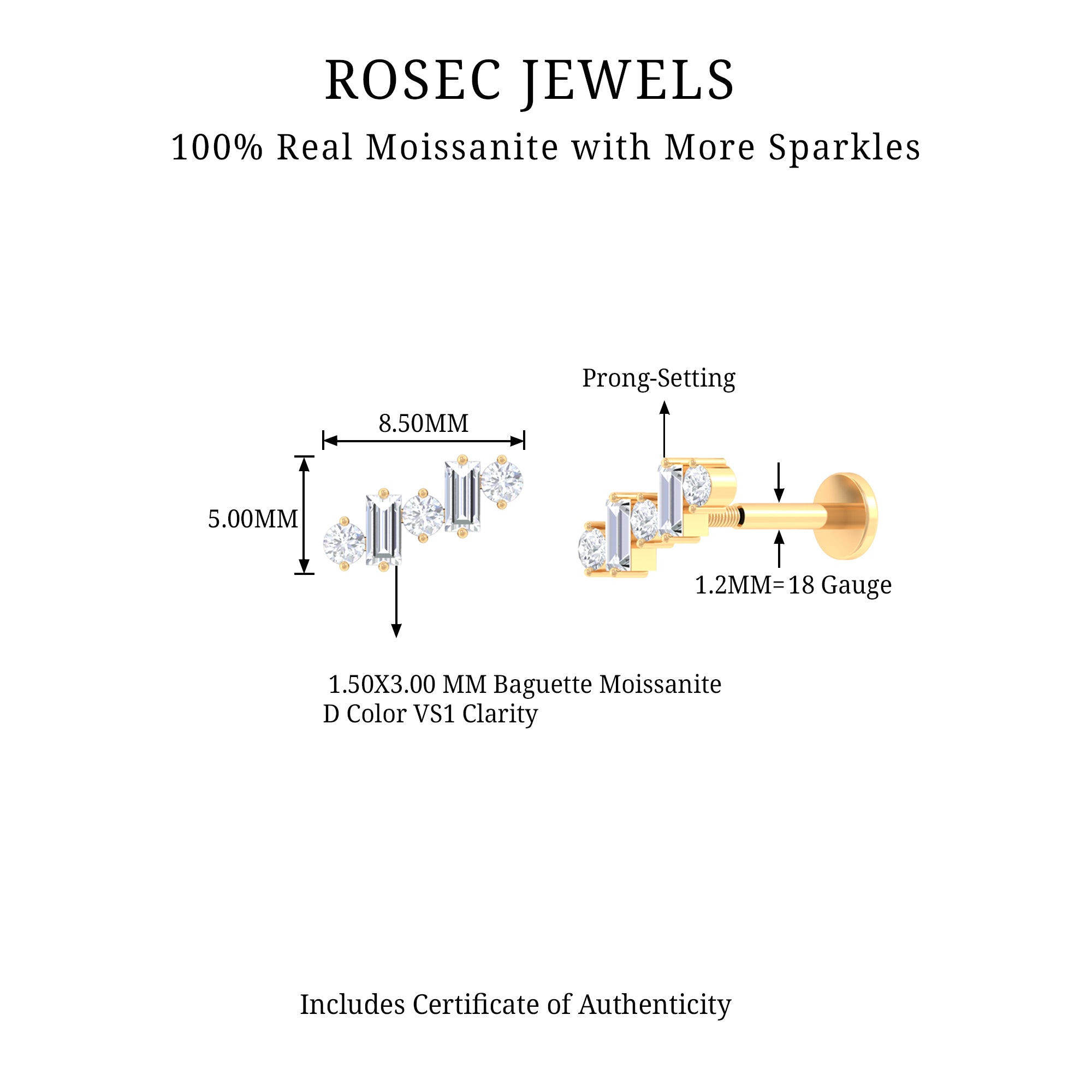 Baguette and Round Moissanite Ear Crawler Earring D-VS1 - Rosec Jewels
