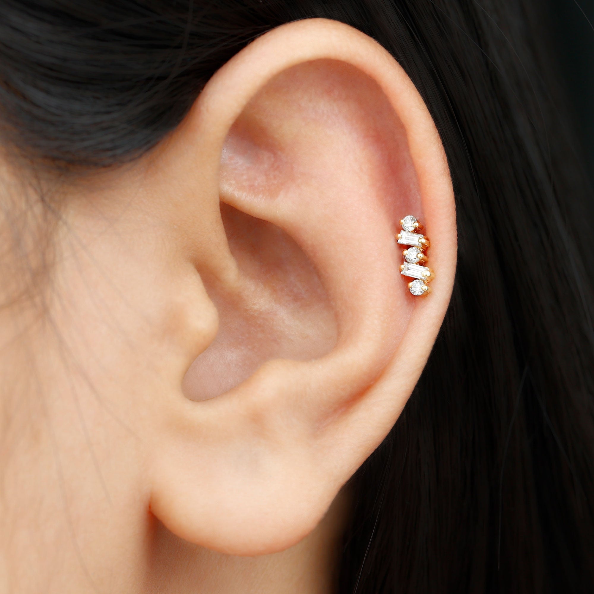 Baguette and Round Moissanite Ear Crawler Earring D-VS1 - Rosec Jewels