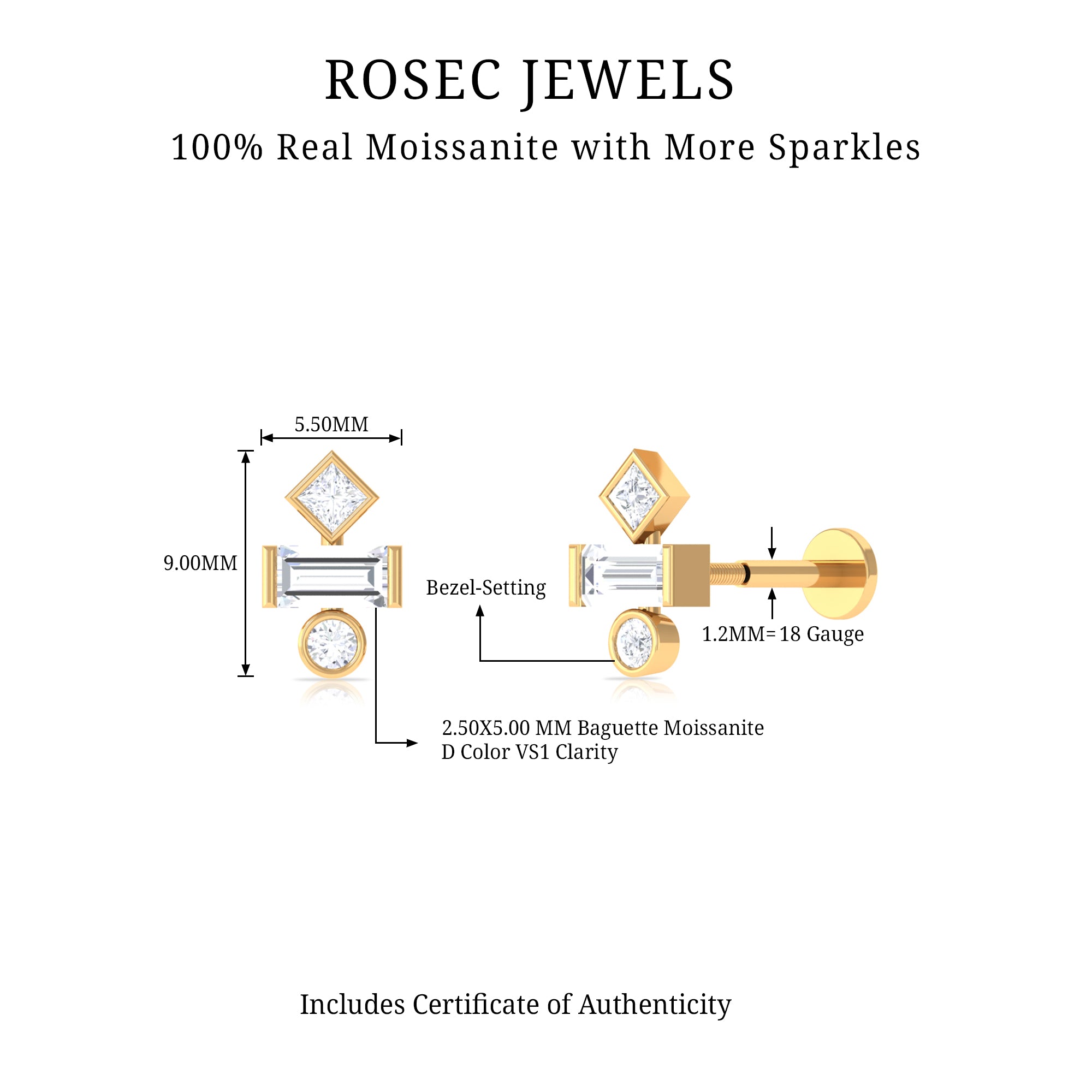 Certified Moissanite Three Stone Earring for Tragus Piercing D-VS1 - Rosec Jewels