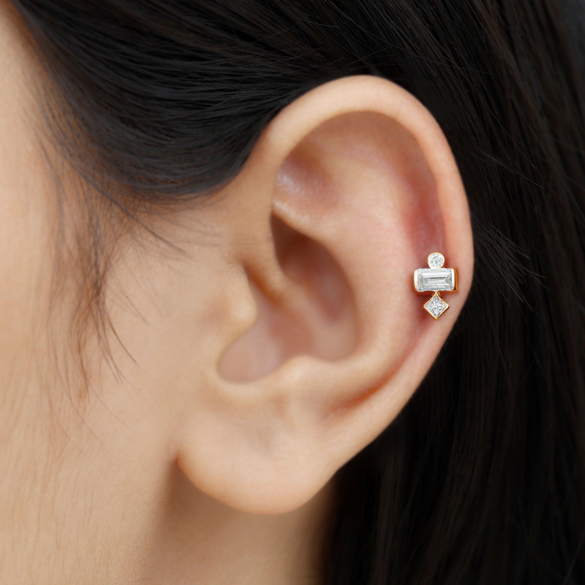 Certified Moissanite Three Stone Earring for Tragus Piercing D-VS1 - Rosec Jewels