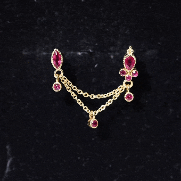 Natural Ruby Double Piercing Earring with Dangling Chain AAA - Rosec Jewels