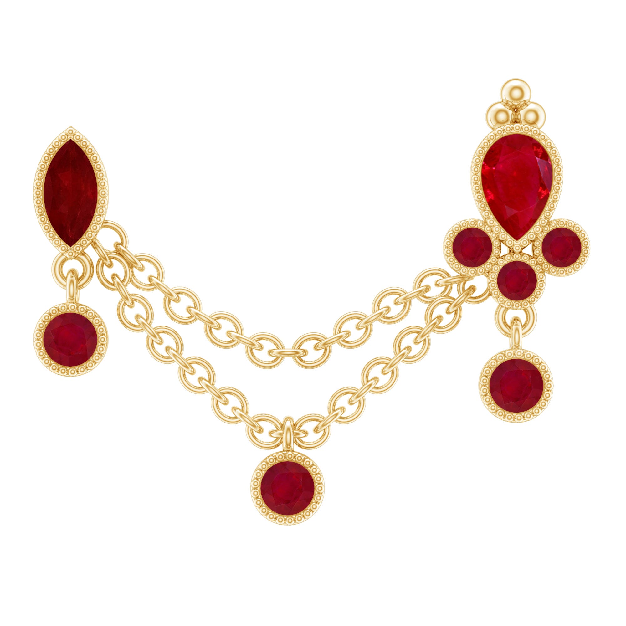 Natural Ruby Double Piercing Earring with Dangling Chain AAA - Rosec Jewels