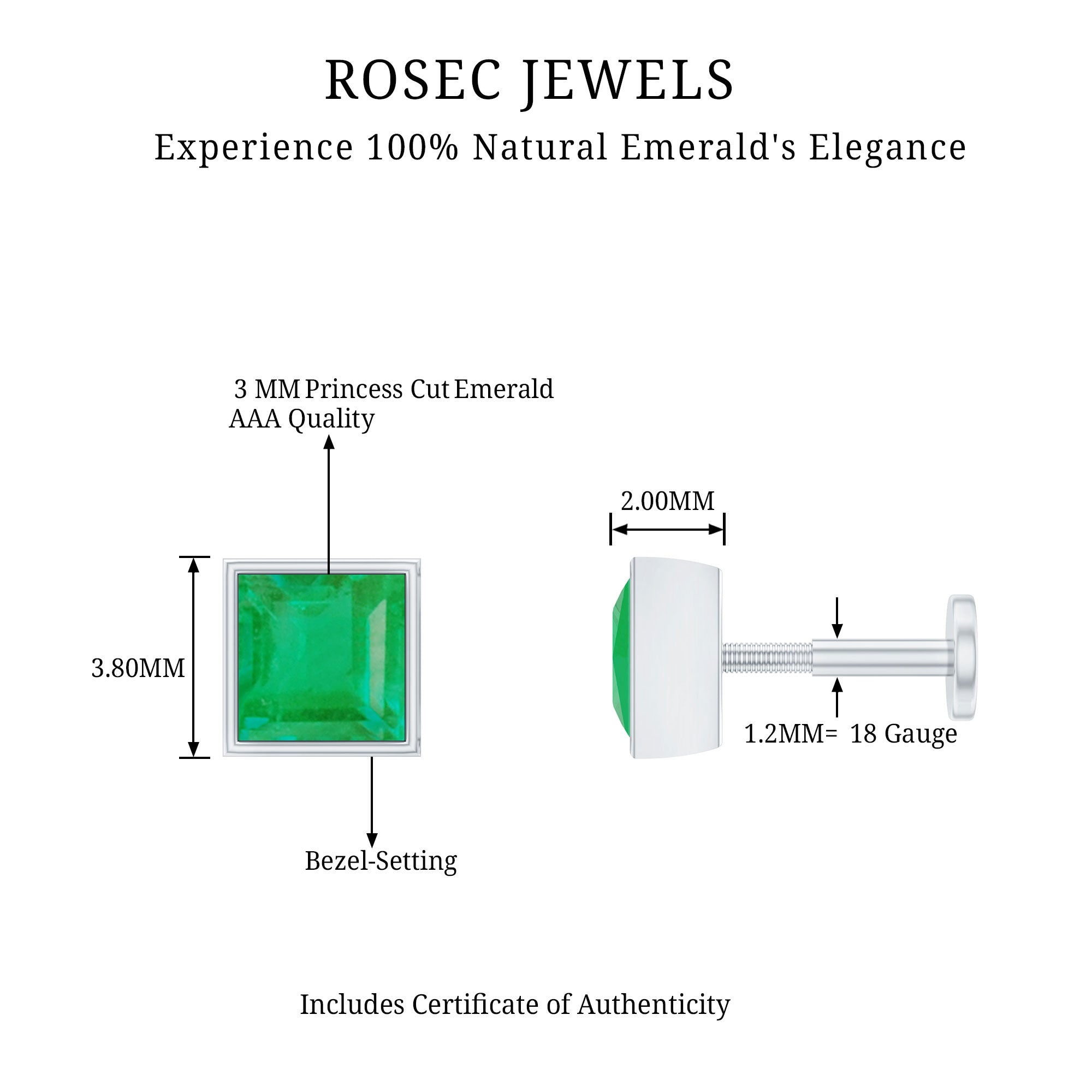 Princess Cut Emerald Helix Earring in Bezel Setting AAA - Rosec Jewels