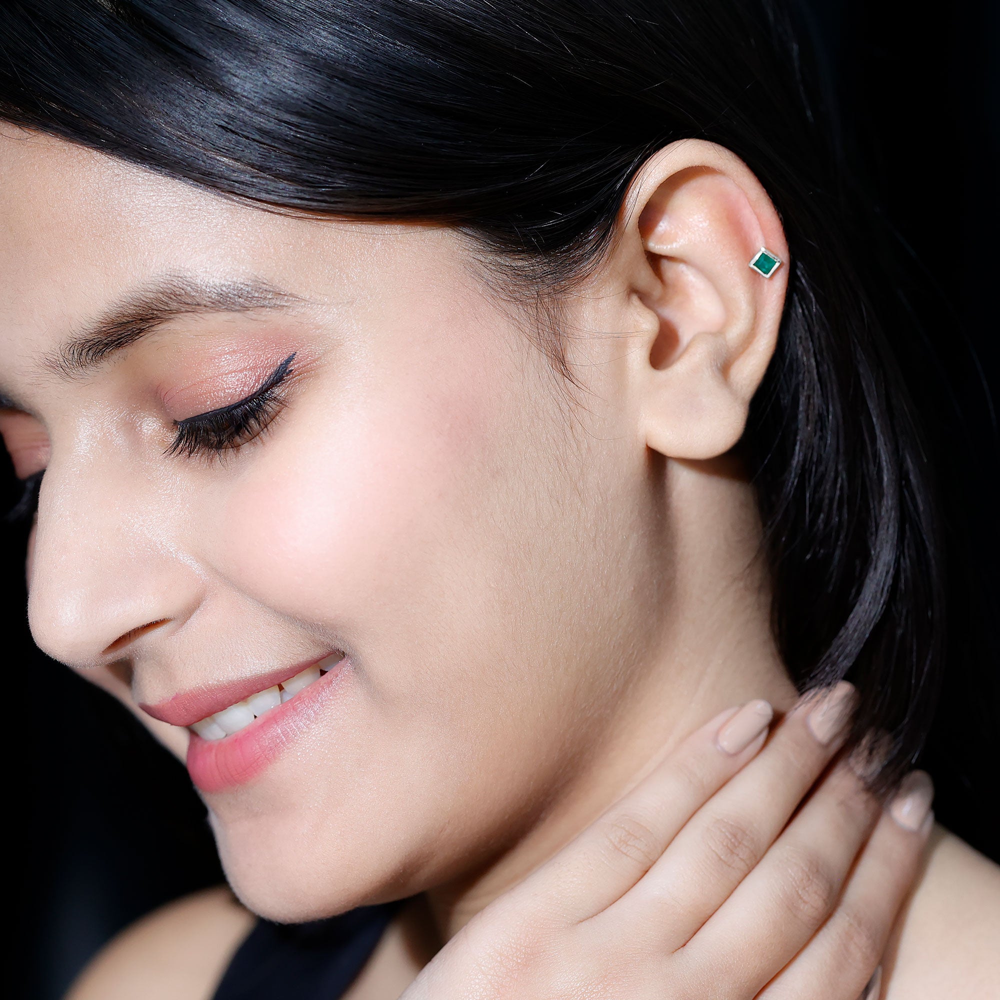 Princess Cut Emerald Helix Earring in Bezel Setting AAA - Rosec Jewels