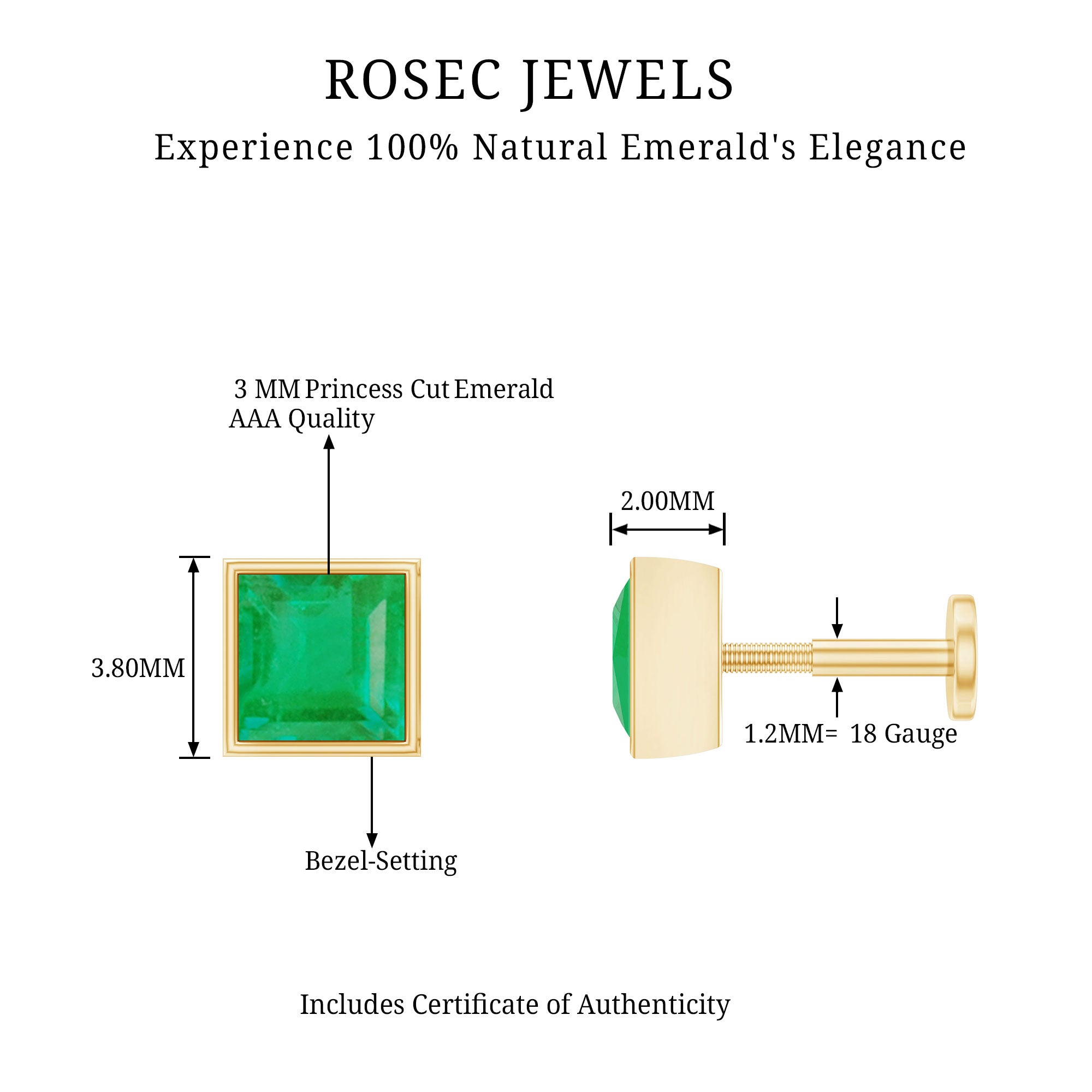 Princess Cut Emerald Helix Earring in Bezel Setting AAA - Rosec Jewels