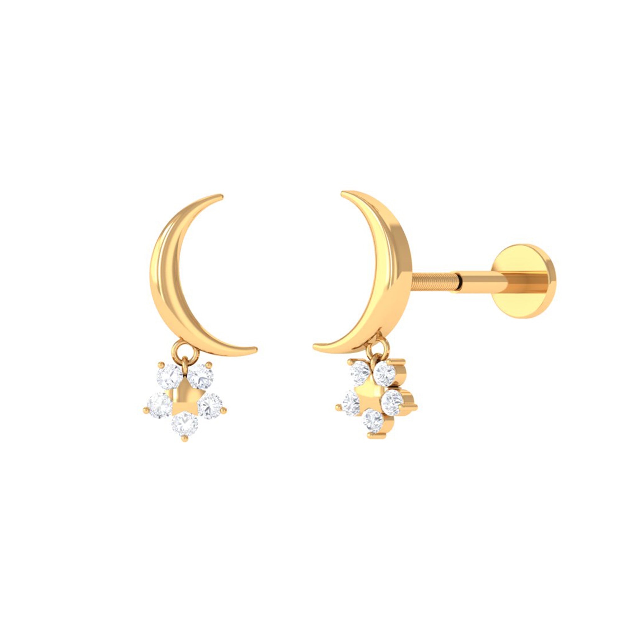 Diamond Crescent Moon and Star Earring for Helix Piercing