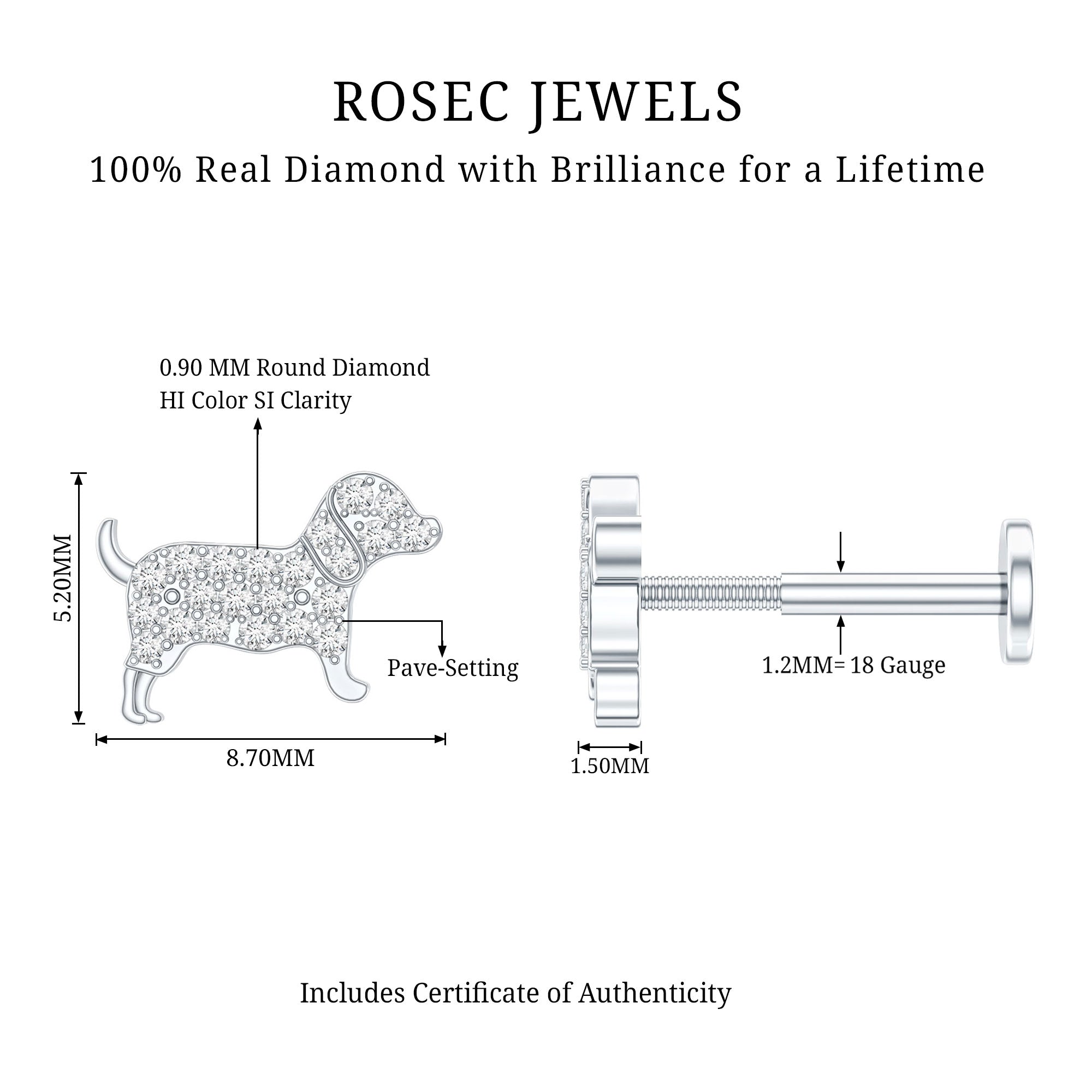 Adorable Diamond Puppy Earring for Helix Piercing Natural - ( HI-SI ) - Rosec Jewels