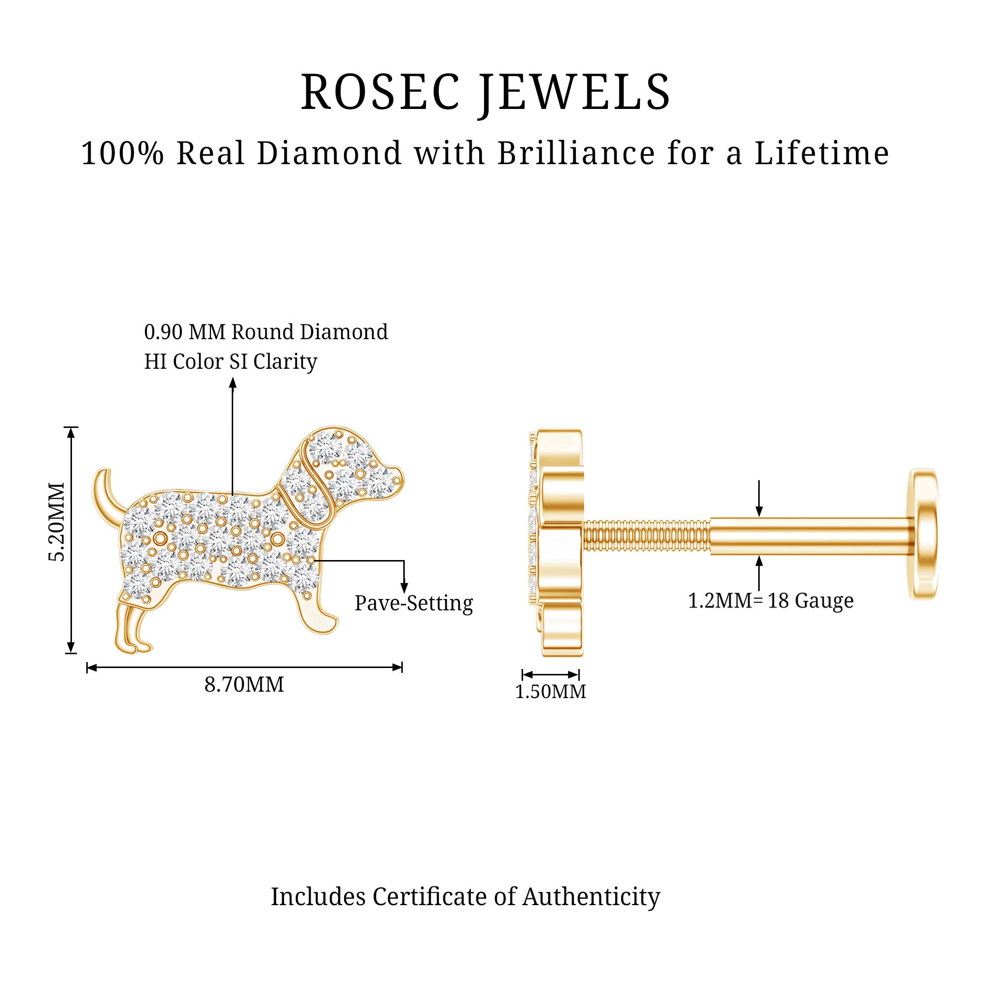 Adorable Diamond Puppy Earring for Helix Piercing Natural - ( HI-SI ) - Rosec Jewels