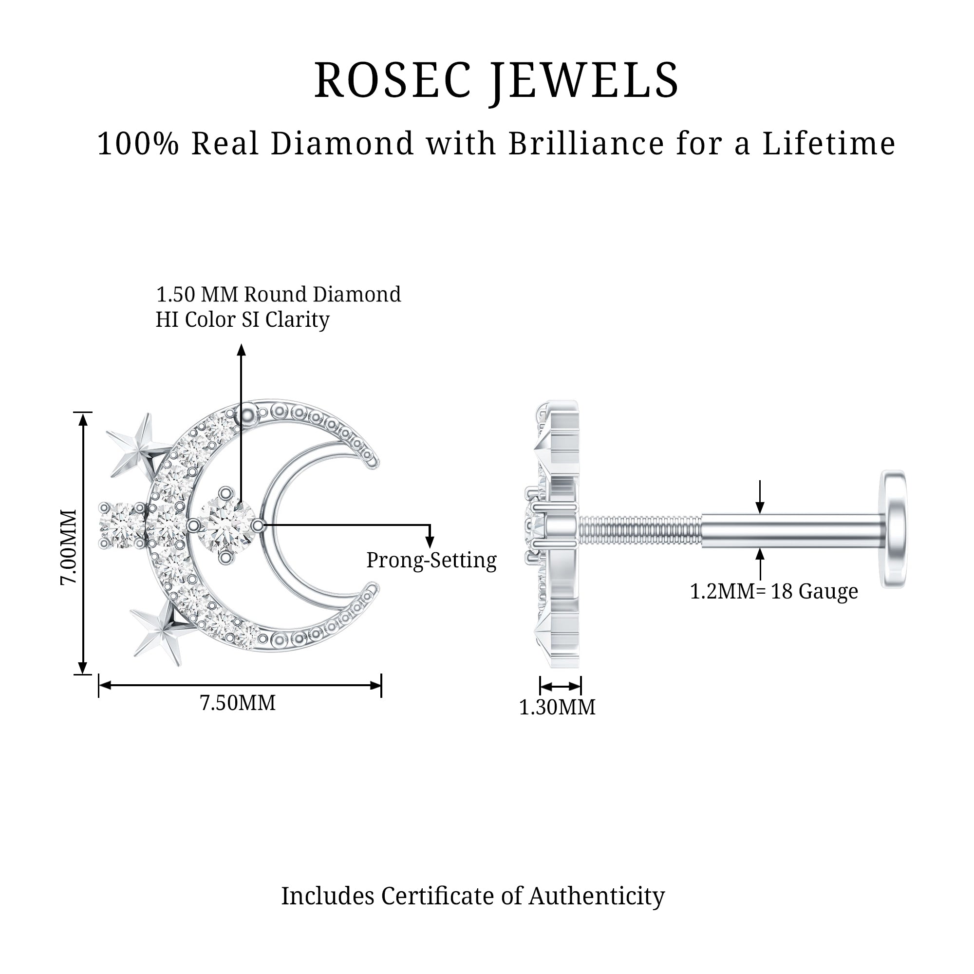 Diamond Star and Moon Earring for Helix Piercing Natural - ( HI-SI ) - Rosec Jewels