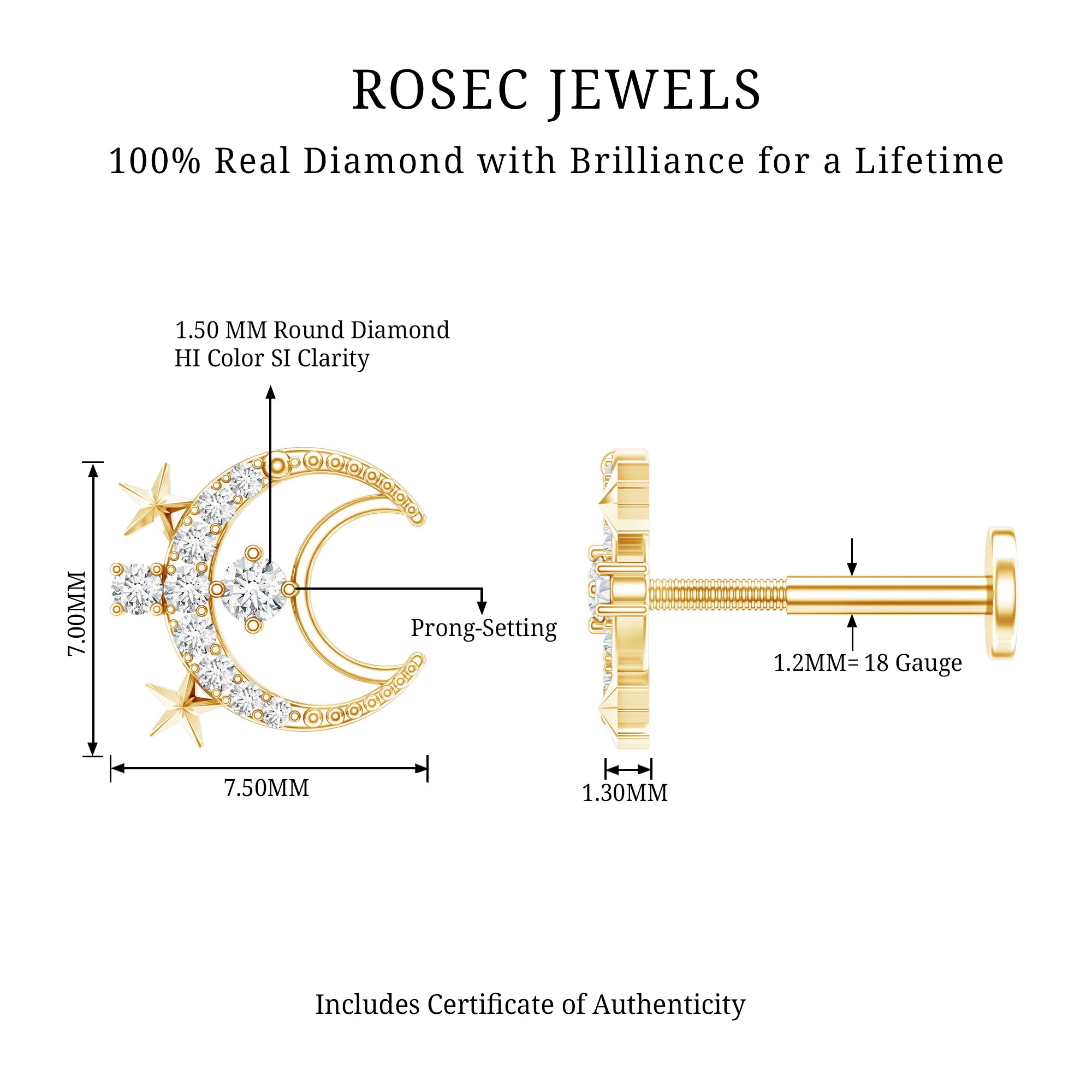Diamond Star and Moon Earring for Helix Piercing Natural - ( HI-SI ) - Rosec Jewels
