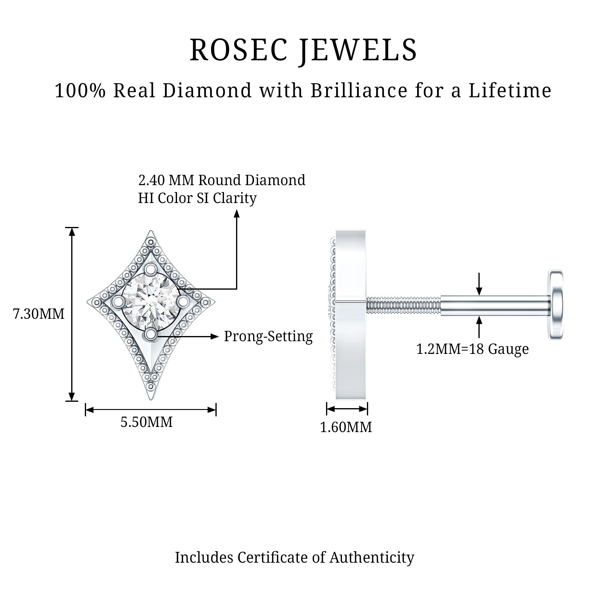Diamond Kite Shape Tragus Earring Natural - ( HI-SI ) - Rosec Jewels