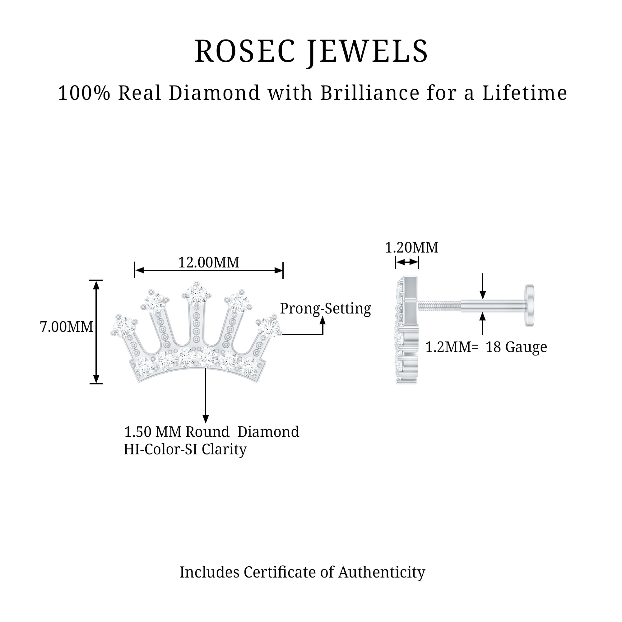 Certified Diamond Crown Earring for Helix Piercing Natural - ( HI-SI ) - Rosec Jewels