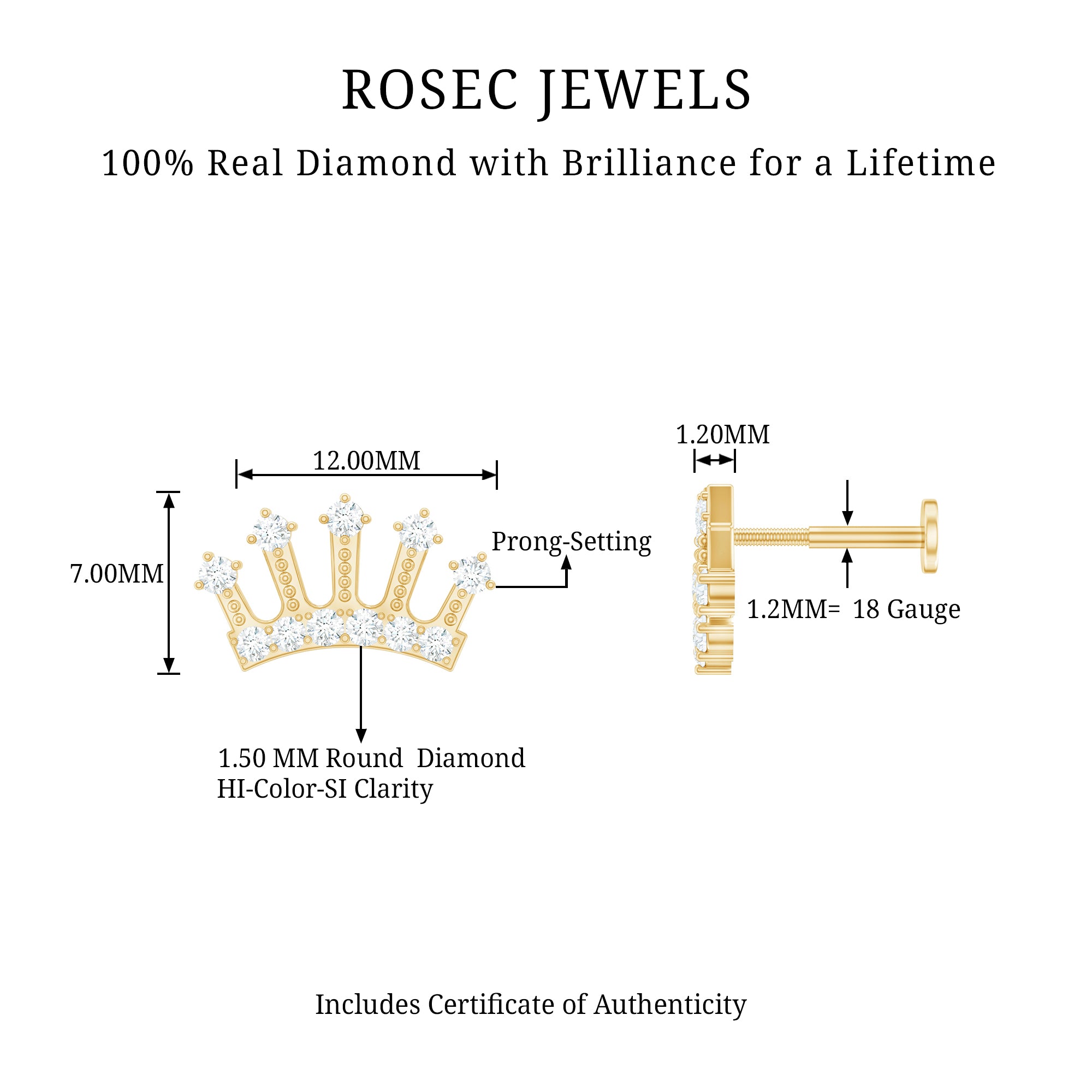 Certified Diamond Crown Earring for Helix Piercing Natural - ( HI-SI ) - Rosec Jewels