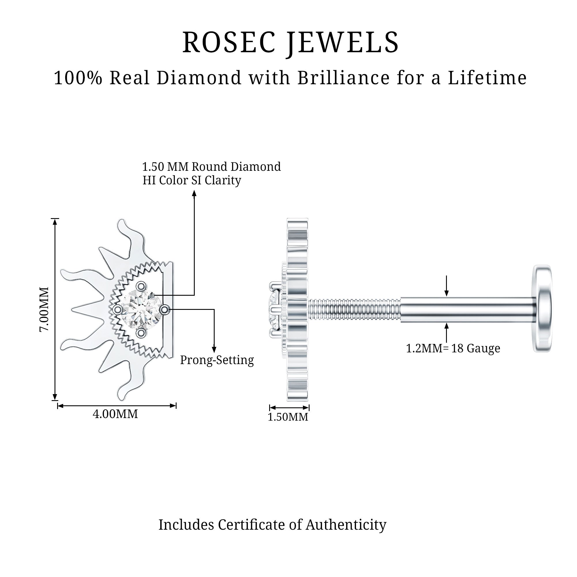 Diamond Half Sun Tragus Earring Natural - ( HI-SI ) - Rosec Jewels