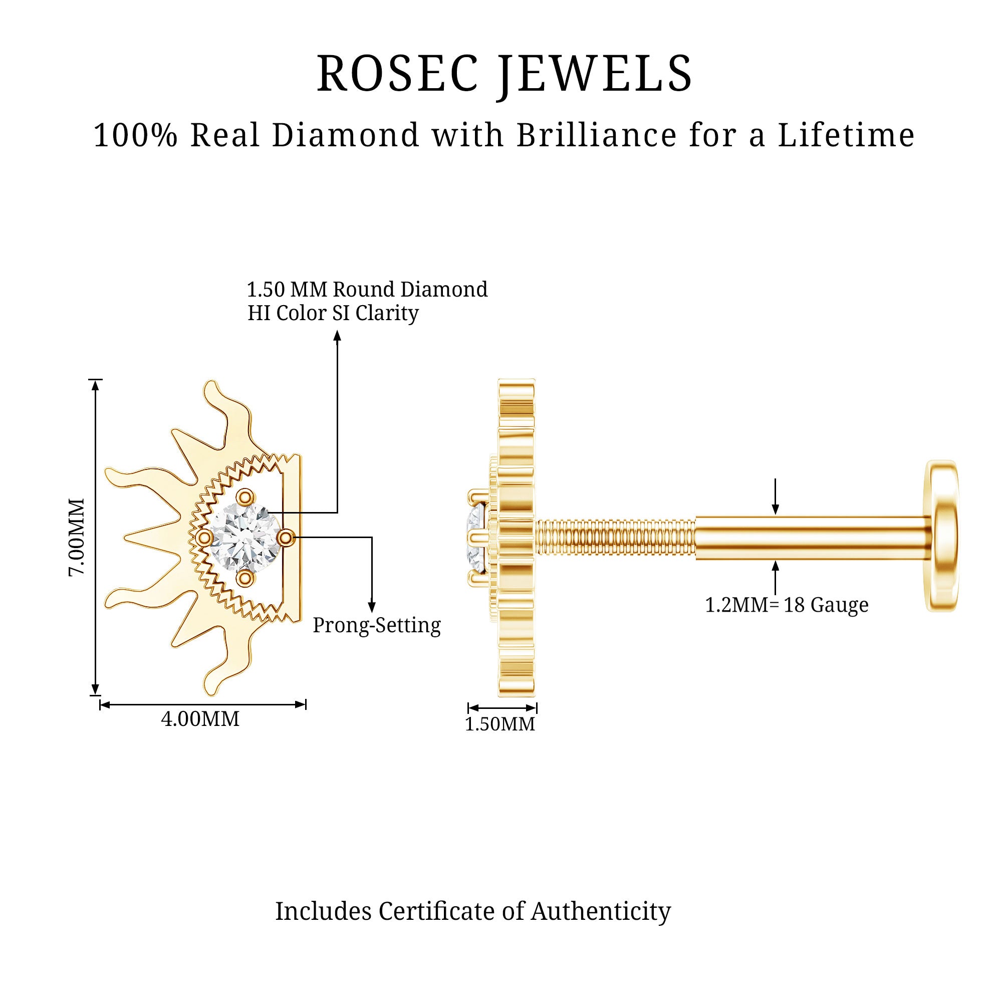 Diamond Half Sun Tragus Earring Natural - ( HI-SI ) - Rosec Jewels