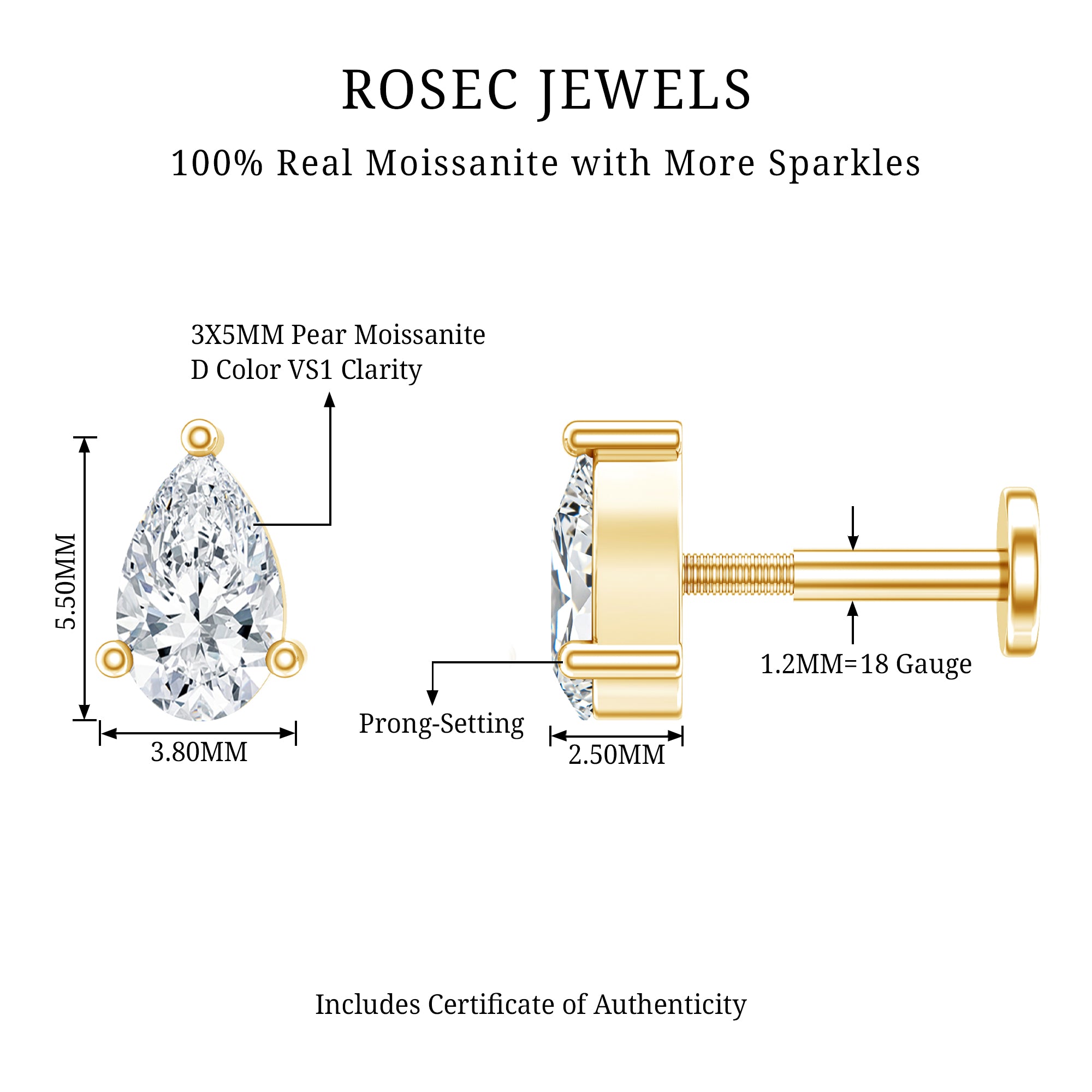 Pear Shape Moissanite Solitaire Conch Earring D-VS1 - Rosec Jewels