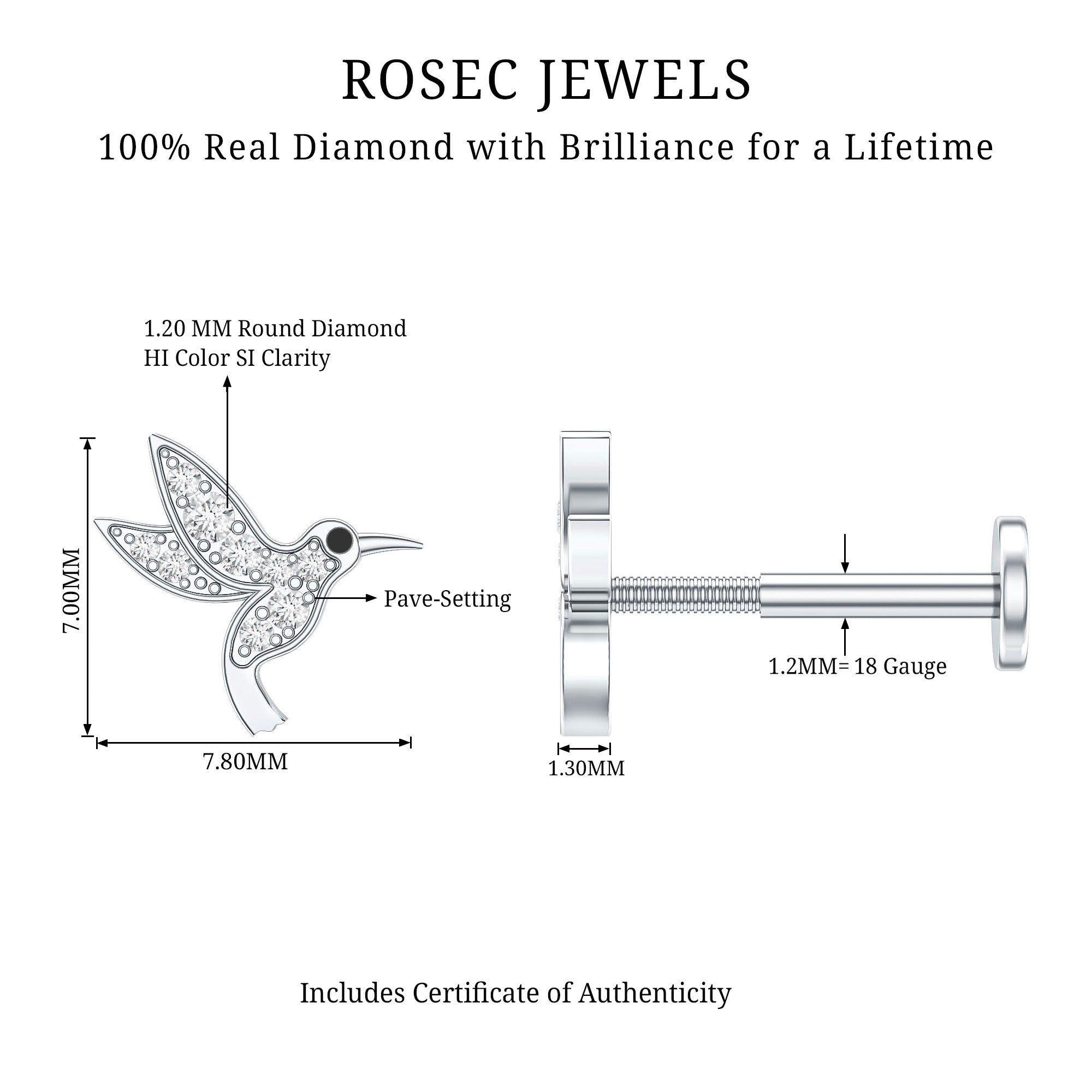 Diamond Hummingbird Earring for Helix Piercing Natural - ( HI-SI ) - Rosec Jewels