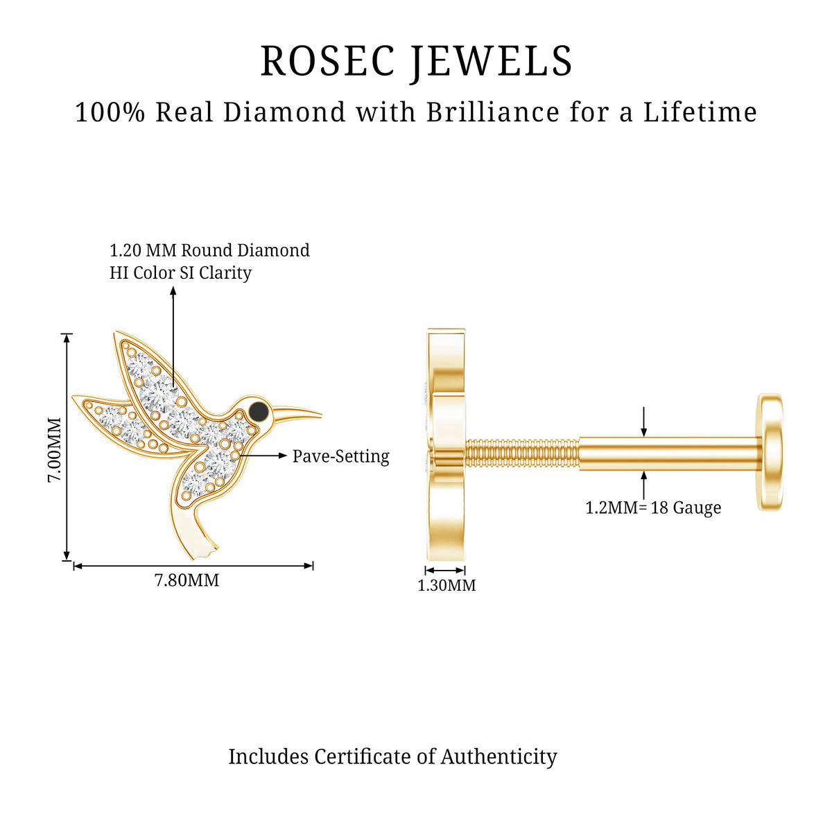 Diamond Hummingbird Earring for Helix Piercing Natural - ( HI-SI ) - Rosec Jewels