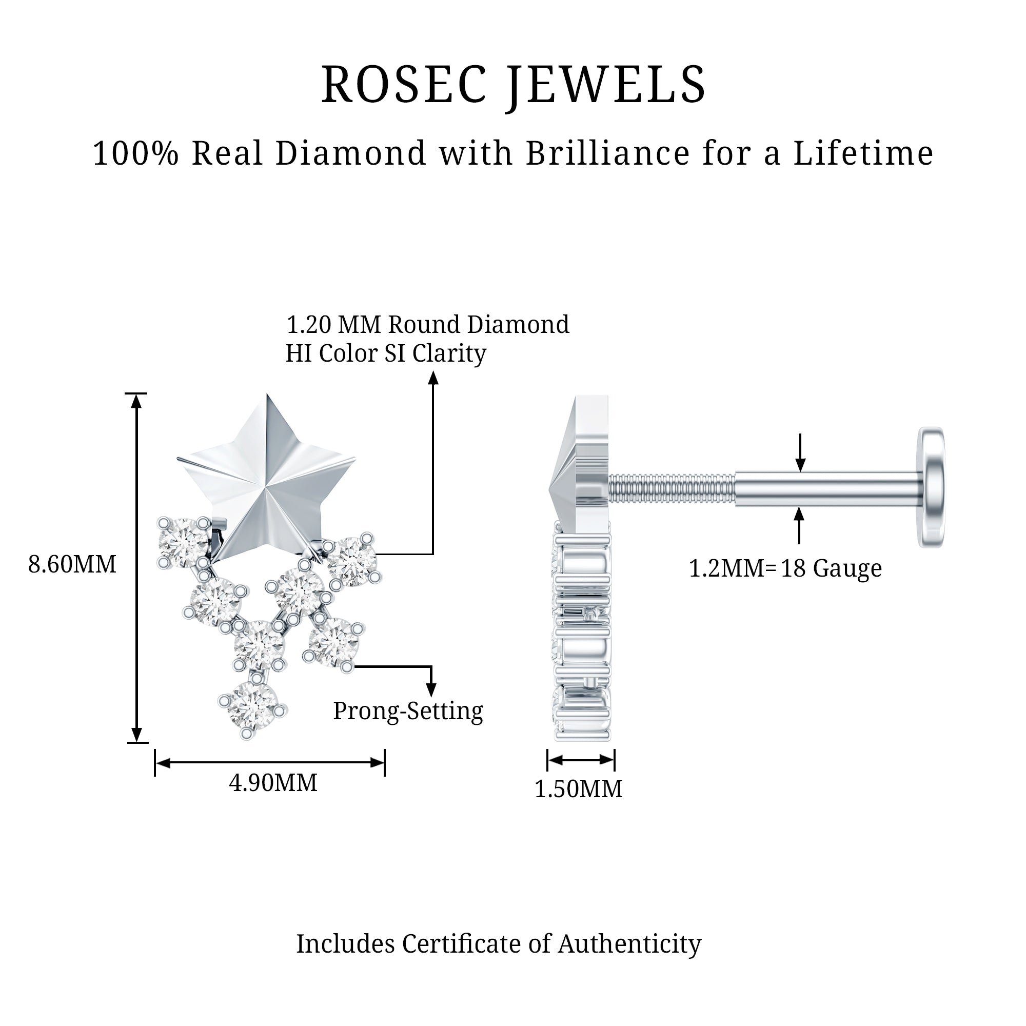 Diamond Star Celestial Earring for Tragus Piercing Natural - ( HI-SI ) - Rosec Jewels