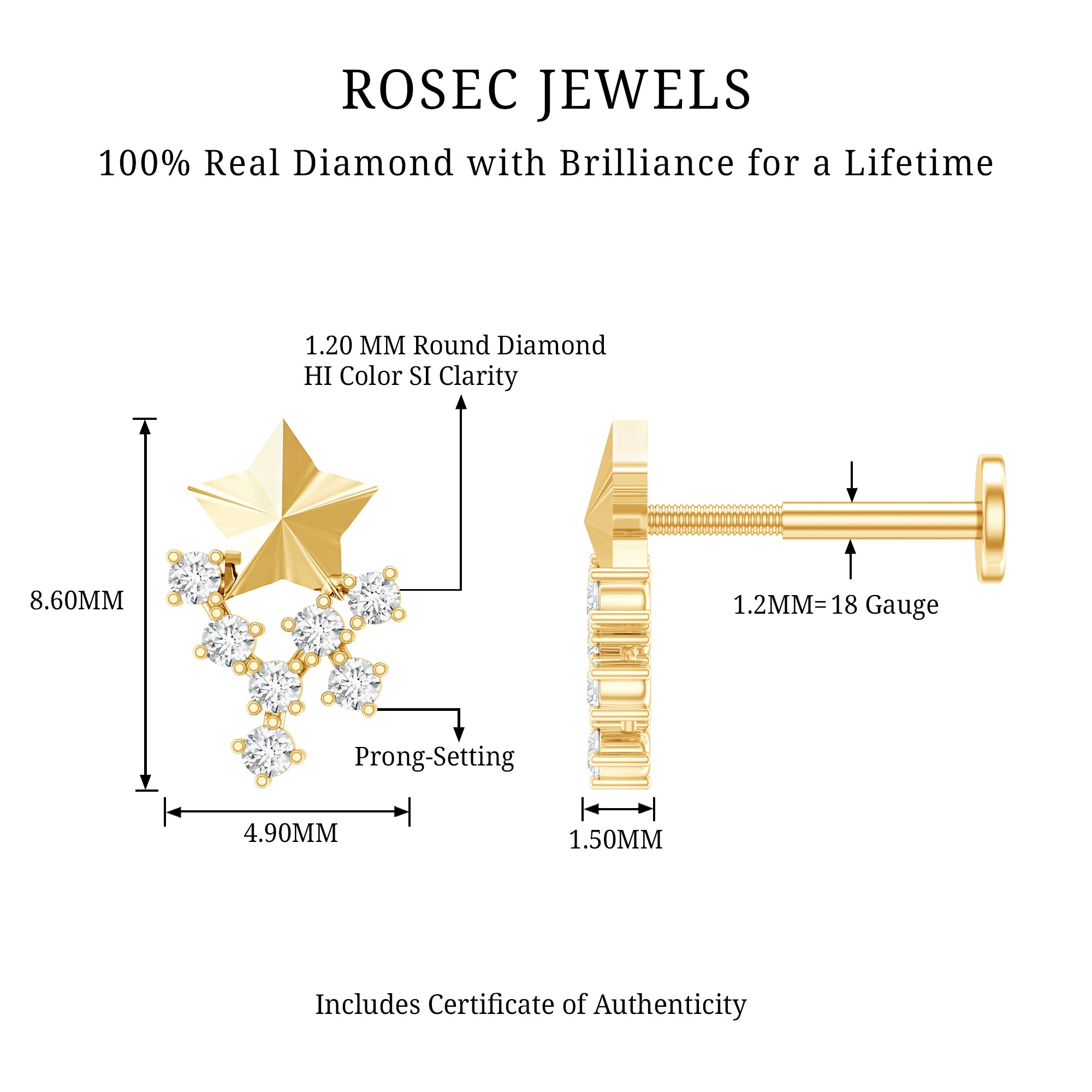Diamond Star Celestial Earring for Tragus Piercing Natural - ( HI-SI ) - Rosec Jewels