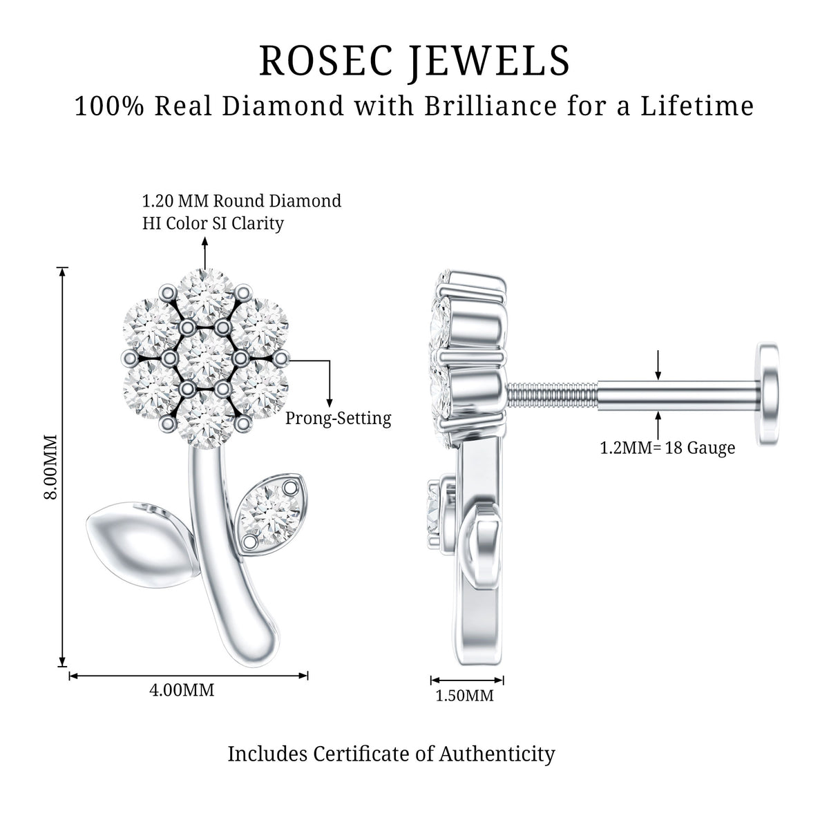 Diamond Flower Helix Earring Natural - ( HI-SI ) - Rosec Jewels