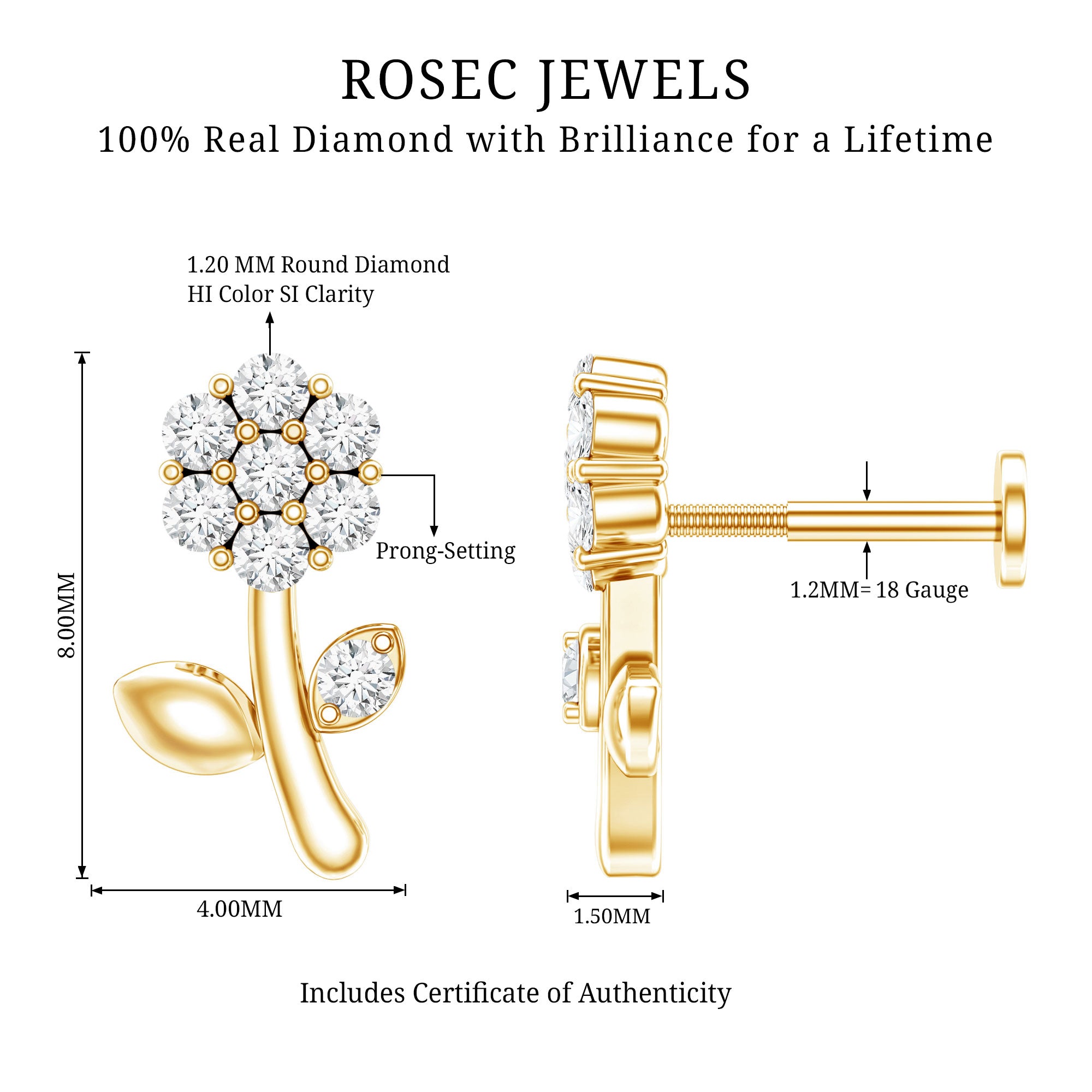 Diamond Flower Helix Earring Natural - ( HI-SI ) - Rosec Jewels