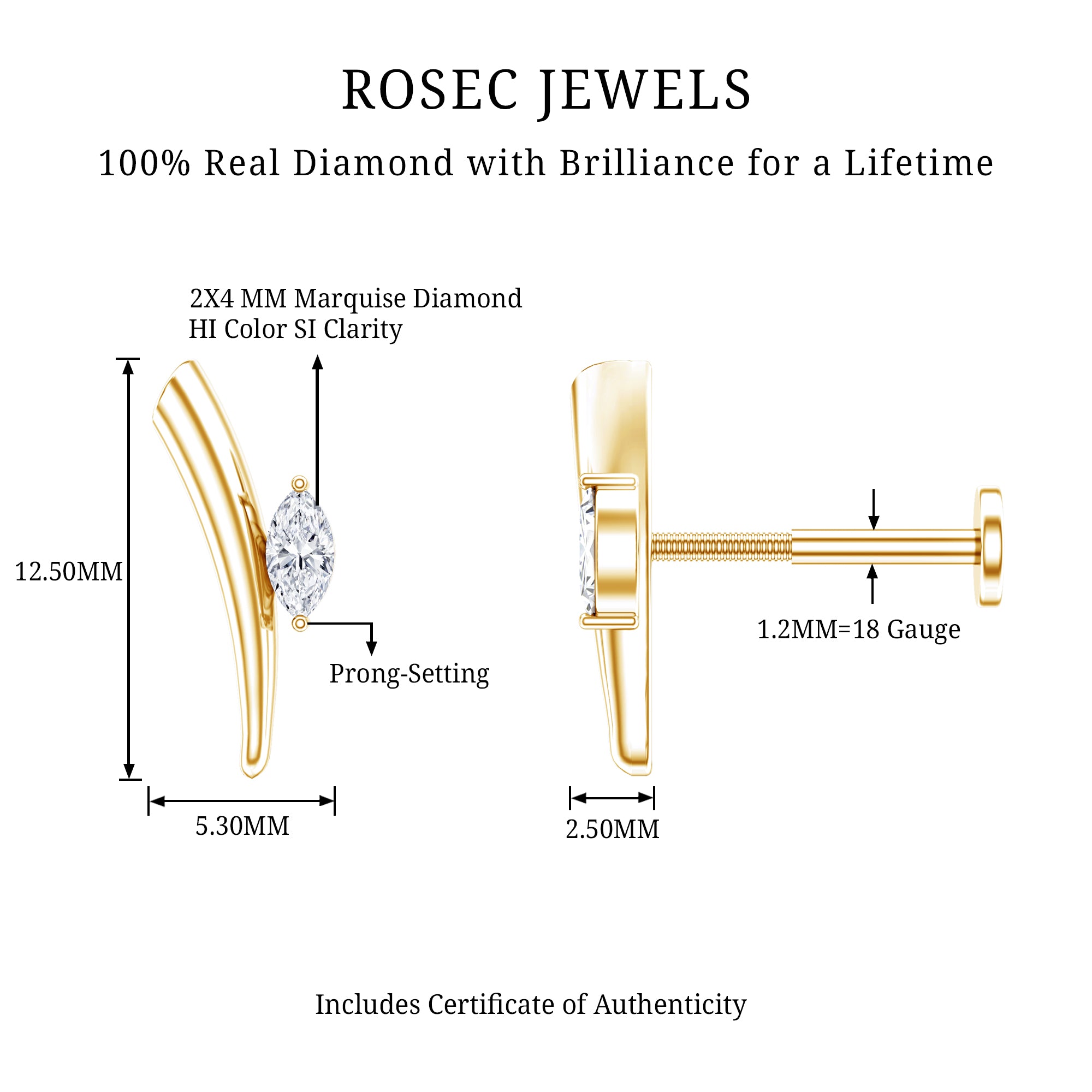Marquise Cut Diamond Solitaire Earring for Tragus Piercing Natural - ( HI-SI ) - Rosec Jewels