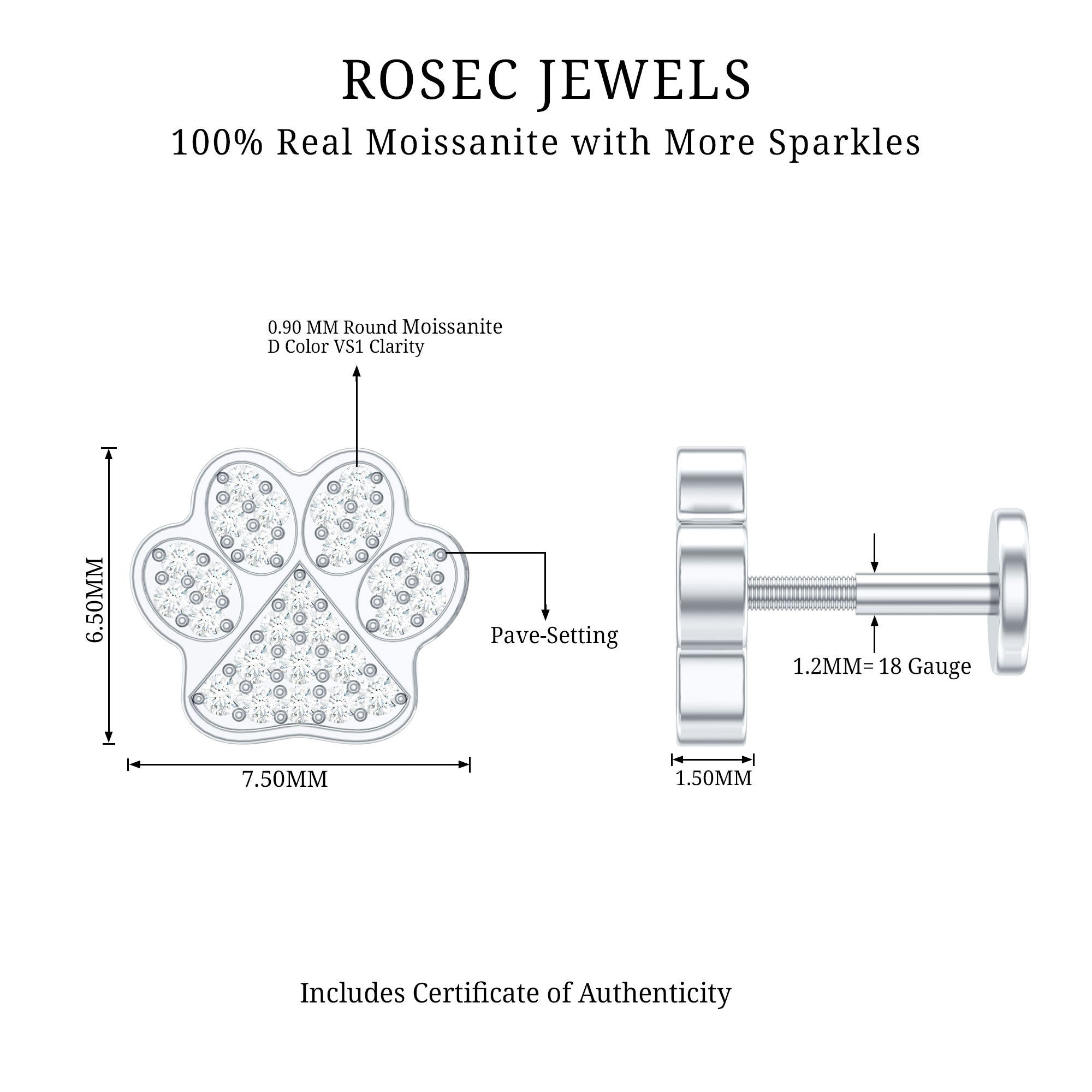 Moissanite Dog Paw Print Earring for Cartilage Piercing D-VS1 - Rosec Jewels
