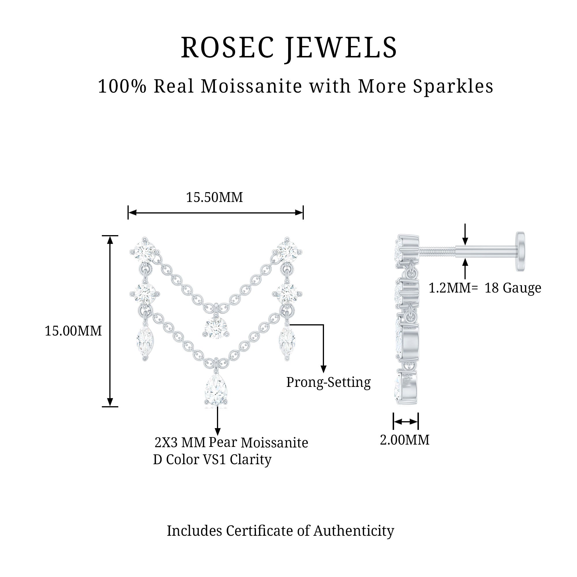 Certified Moissanite Double Chain Helix Earring D-VS1 - Rosec Jewels