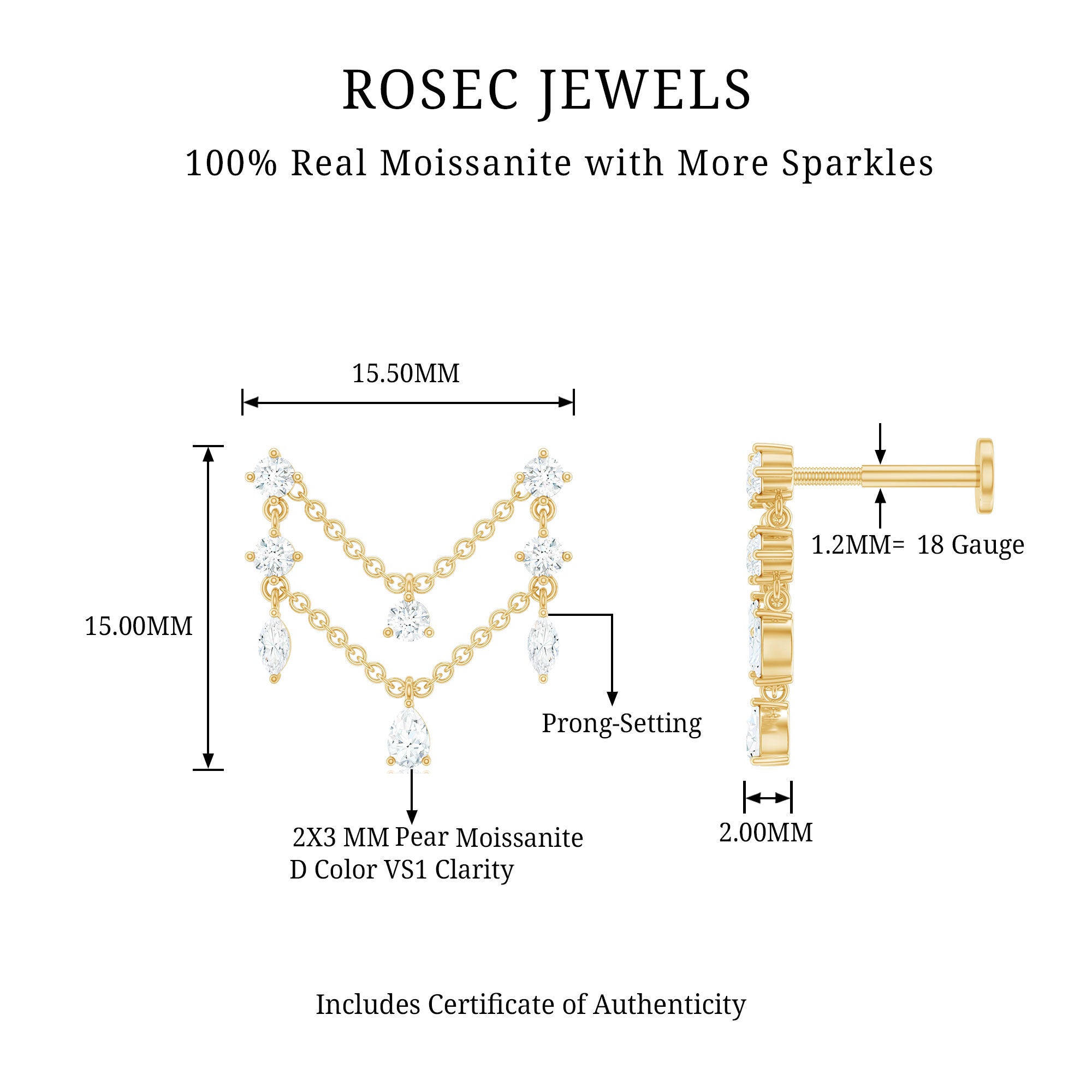 Certified Moissanite Double Chain Helix Earring D-VS1 - Rosec Jewels