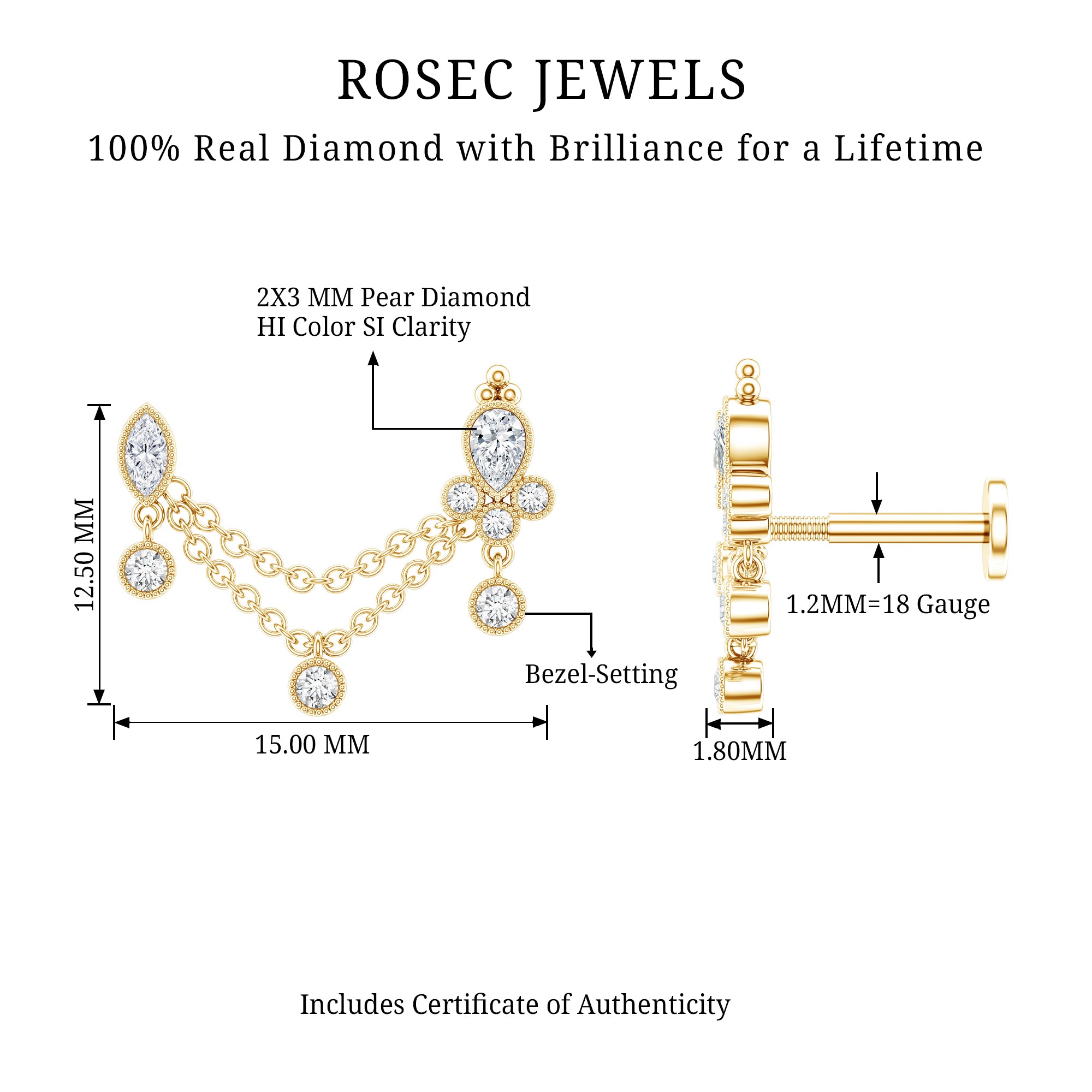 Vintage Style Diamond Double Piercing Earring Natural - ( HI-SI ) - Rosec Jewels