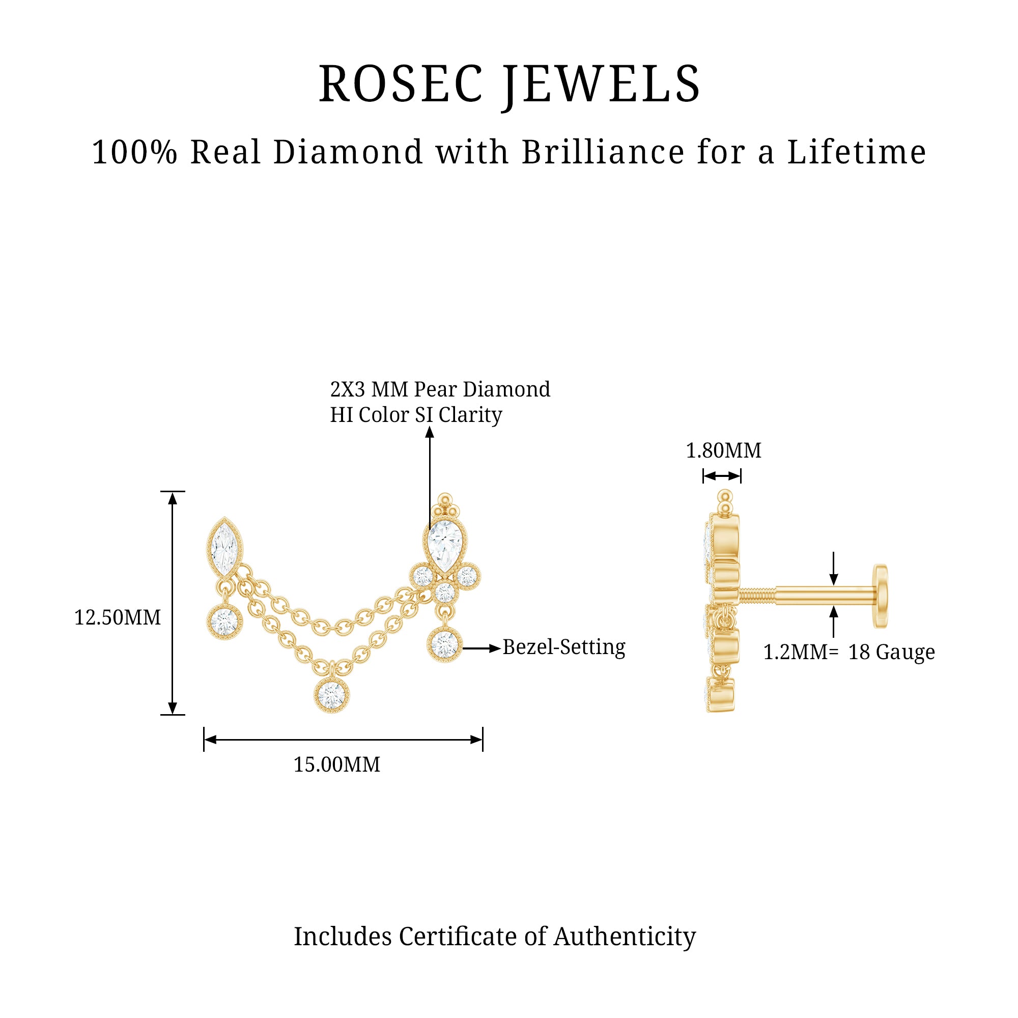 Vintage Style Diamond Double Piercing Earring Natural - ( HI-SI ) - Rosec Jewels