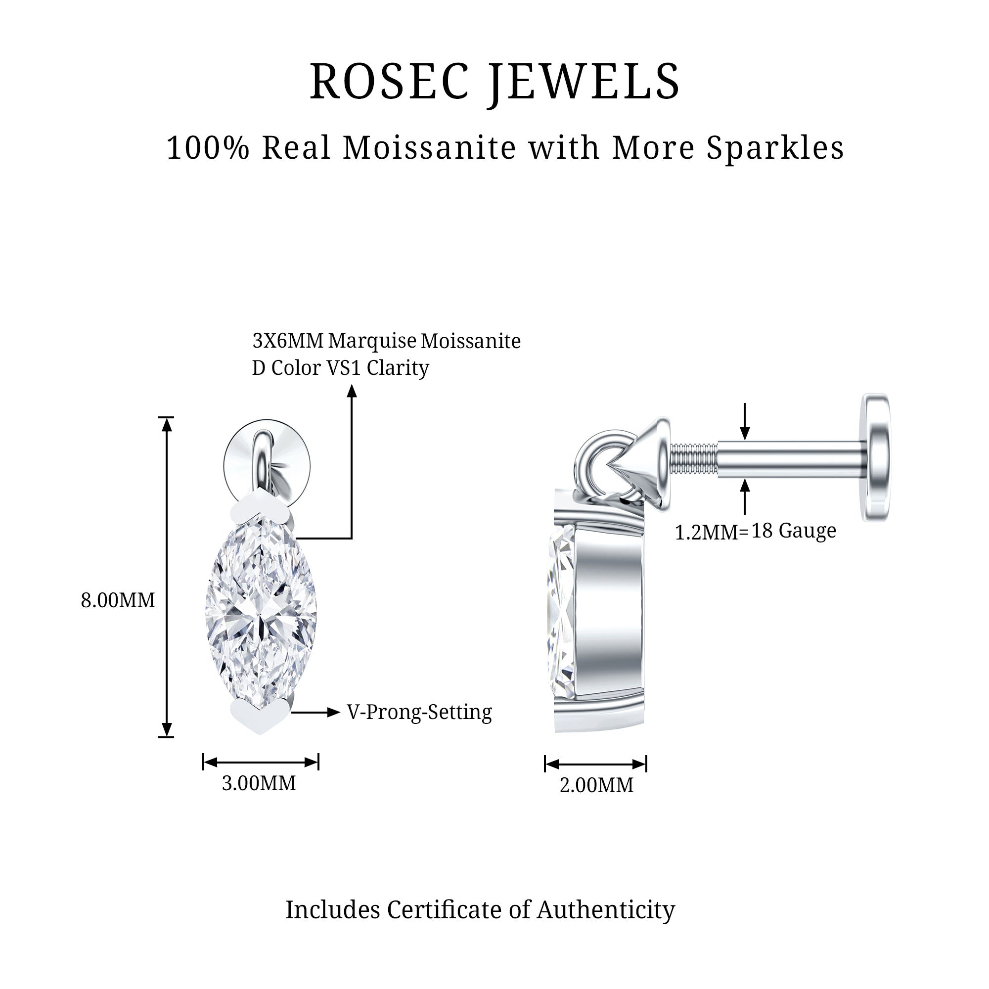 Marquise Moissanite Drop Earring for Tragus Piercing D-VS1 - Rosec Jewels