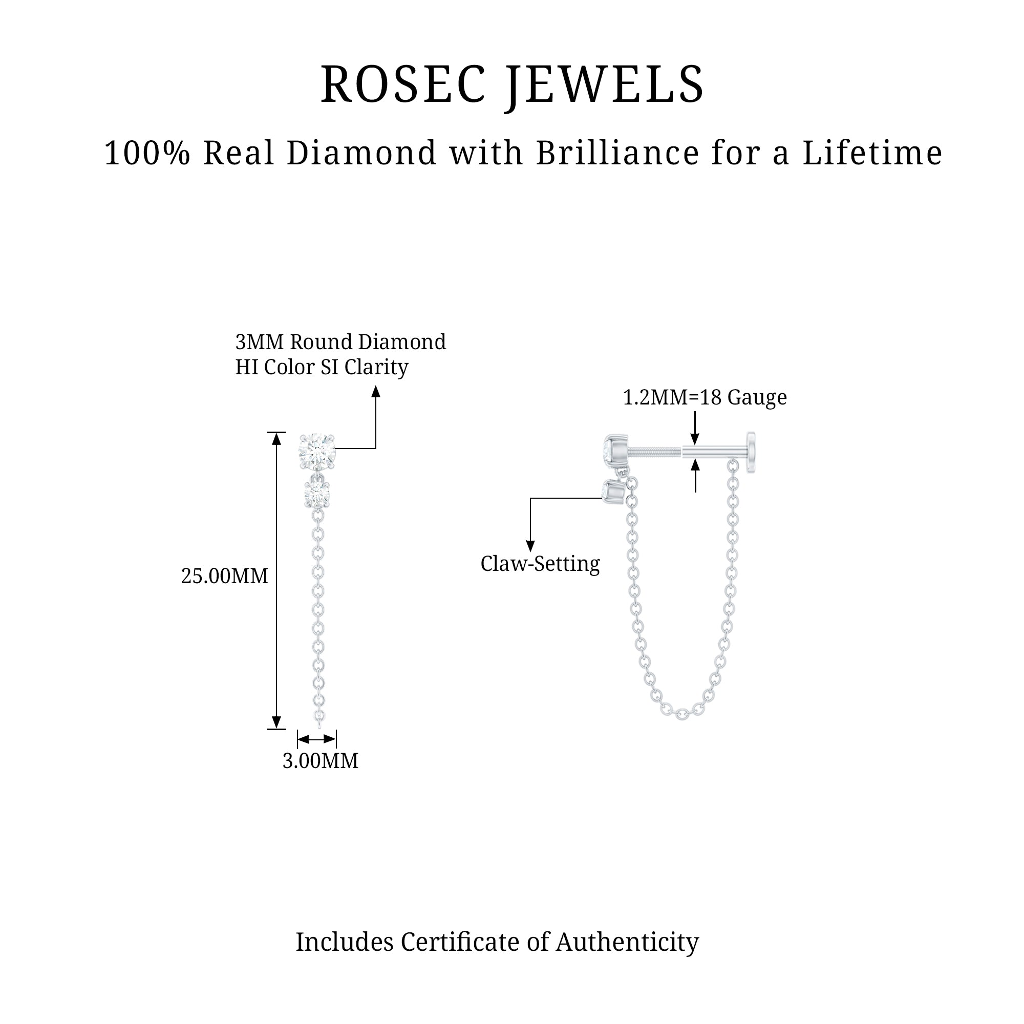 Certified Diamond Chain Drop Earring for Helix Piercing Natural - ( HI-SI ) - Rosec Jewels