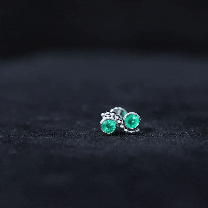 Bezel Set Emerald Two Stone Helix Earring with Beaded Detailing AAA - Rosec Jewels