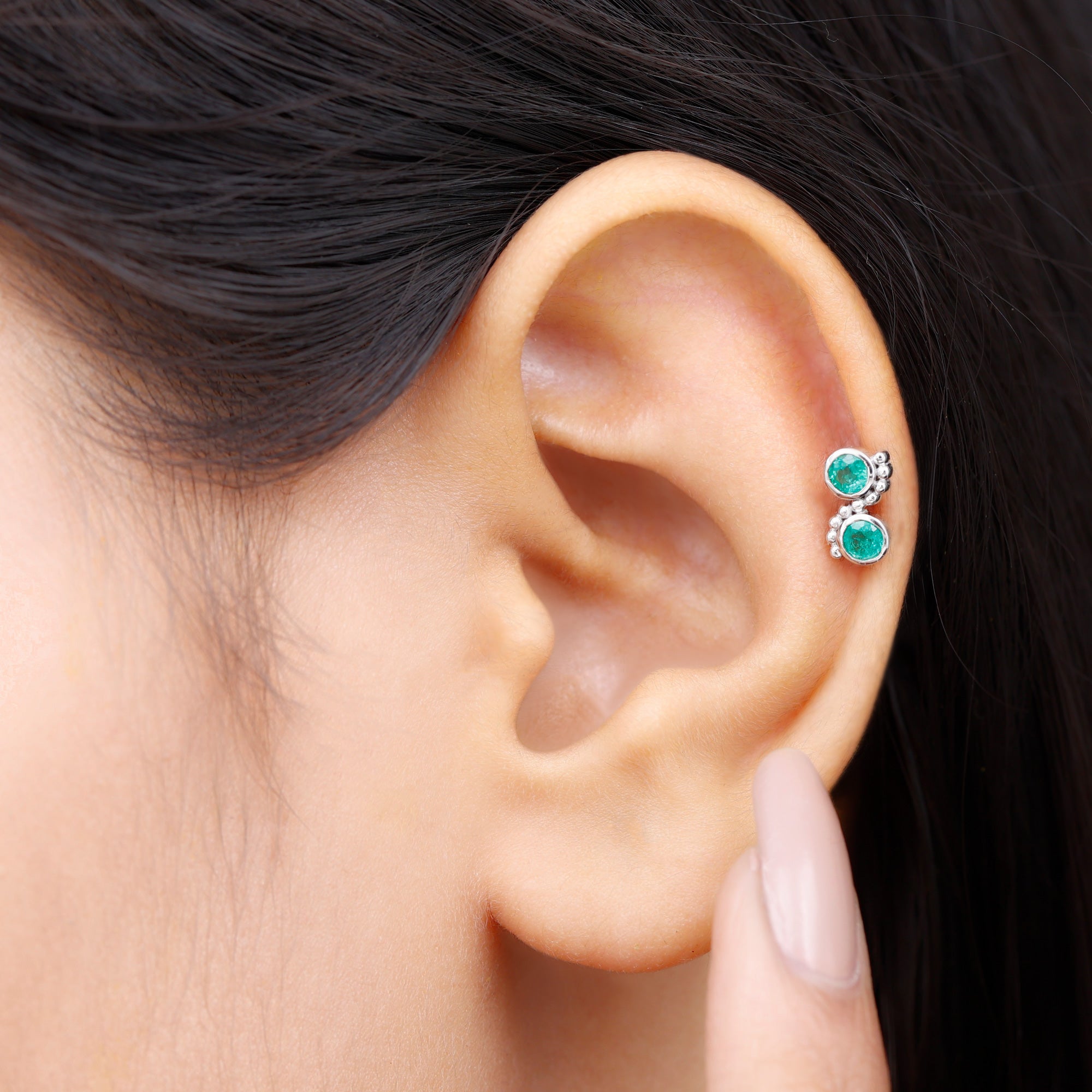 Bezel Set Emerald Two Stone Helix Earring with Beaded Detailing AAA - Rosec Jewels