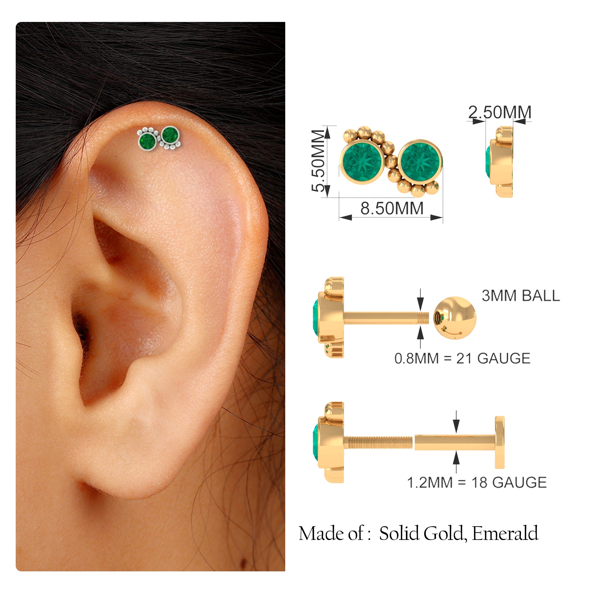 Bezel Set Emerald Two Stone Helix Earring with Beaded Detailing AAA - Rosec Jewels
