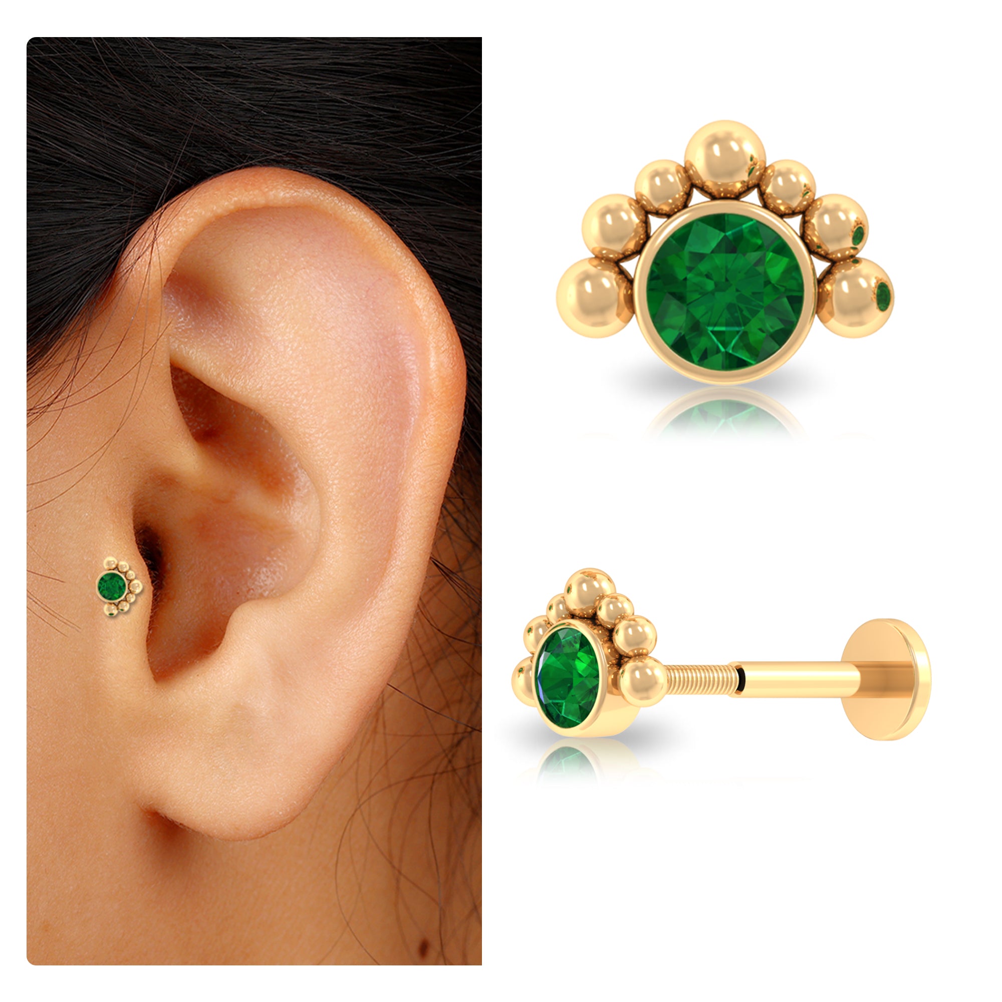 Dainty Round Emerald Tragus Earring with Beaded Detailing AAA - Rosec Jewels