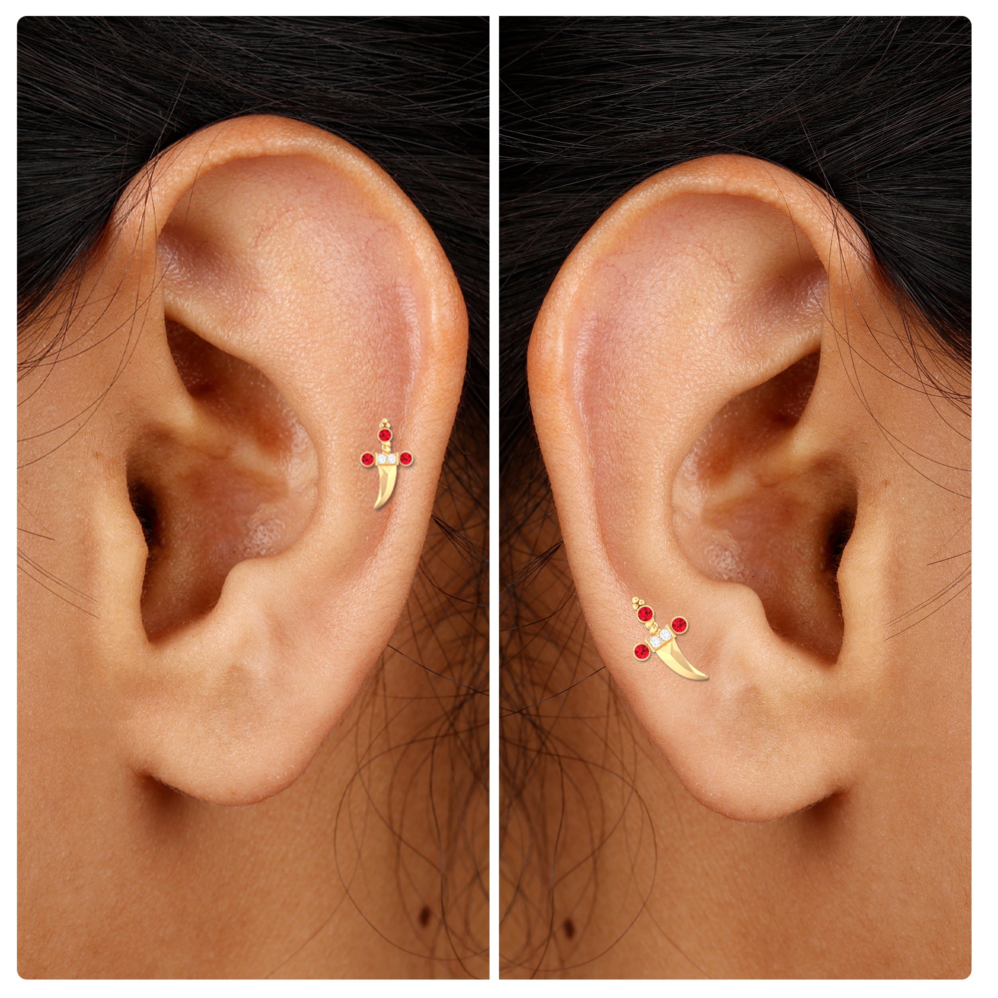 Real Ruby and Diamond Dagger Helix Earring AAA - Rosec Jewels