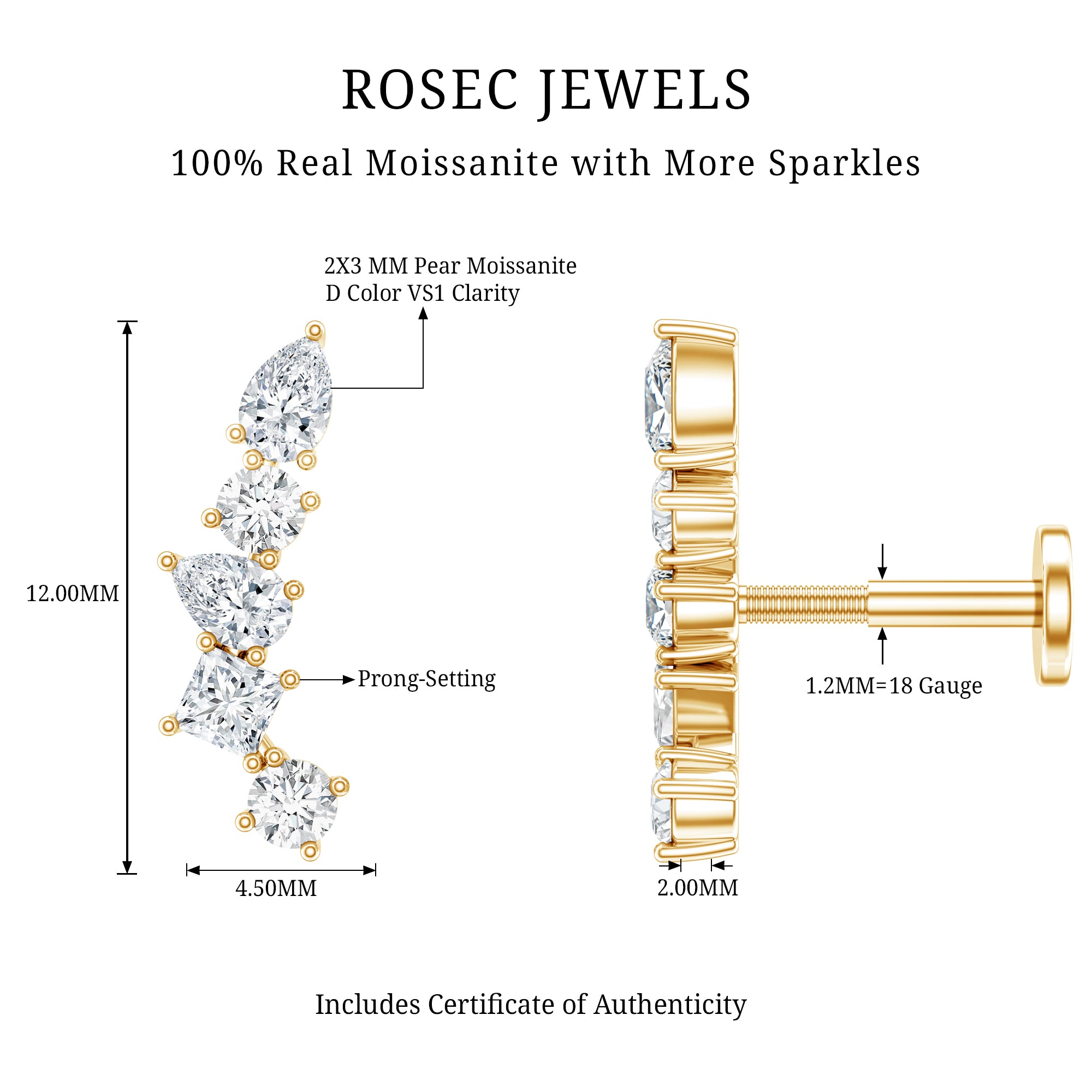 Certified Moissanite Crawler Earring in Prong Setting D-VS1 - Rosec Jewels