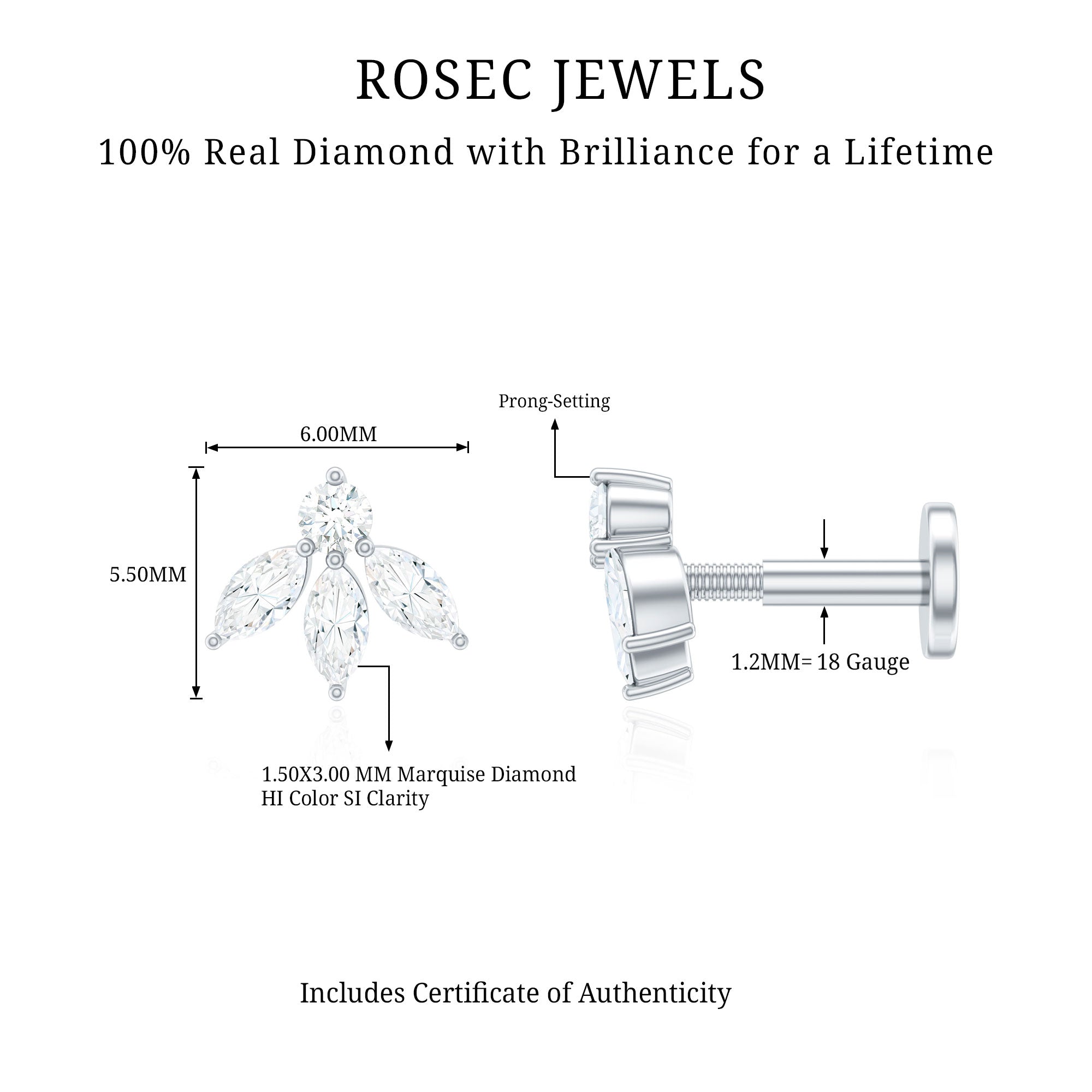 Marquise Shape Diamond Leaf Earring for Helix Piercing Natural - ( HI-SI ) - Rosec Jewels