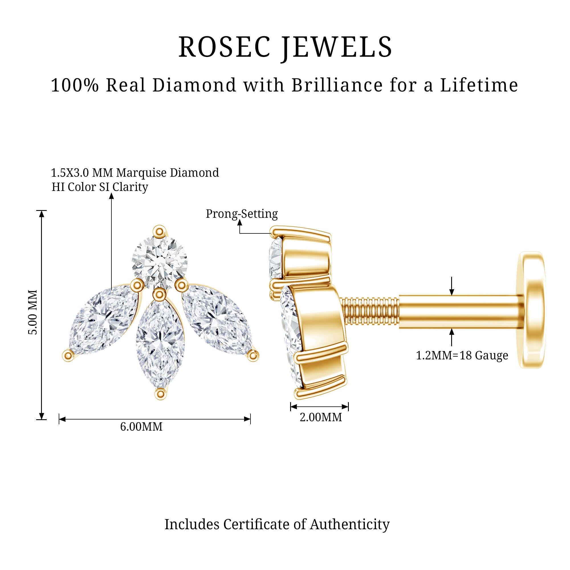 Marquise Shape Diamond Leaf Earring for Helix Piercing Natural - ( HI-SI ) - Rosec Jewels