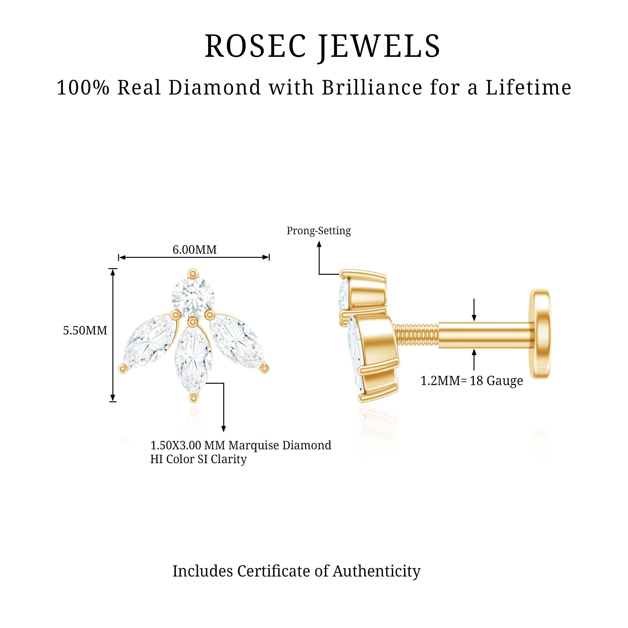 Marquise Shape Diamond Leaf Earring for Helix Piercing Natural - ( HI-SI ) - Rosec Jewels