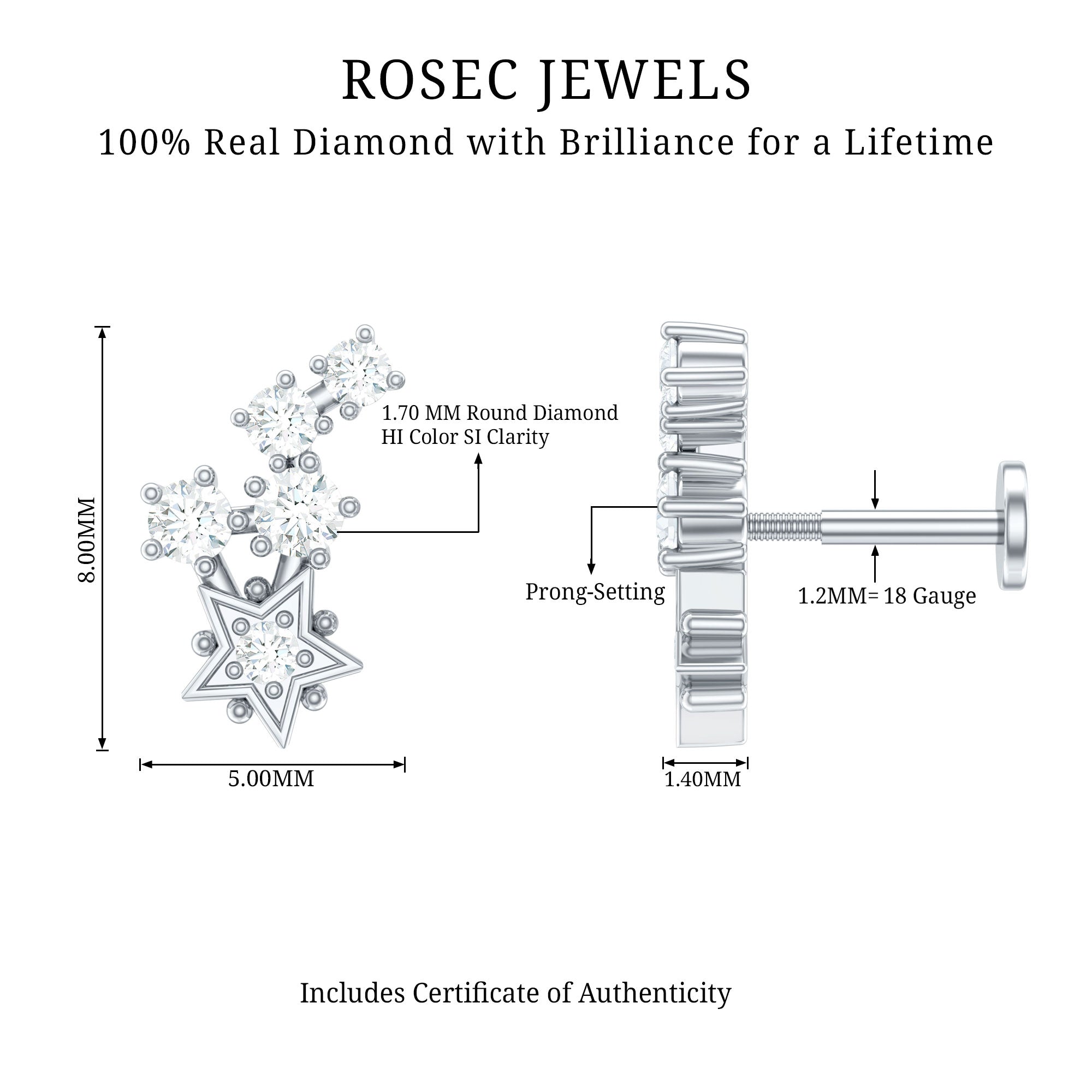 Natural Diamond Star Crawler Earring for Helix Piercing Natural - ( HI-SI ) - Rosec Jewels