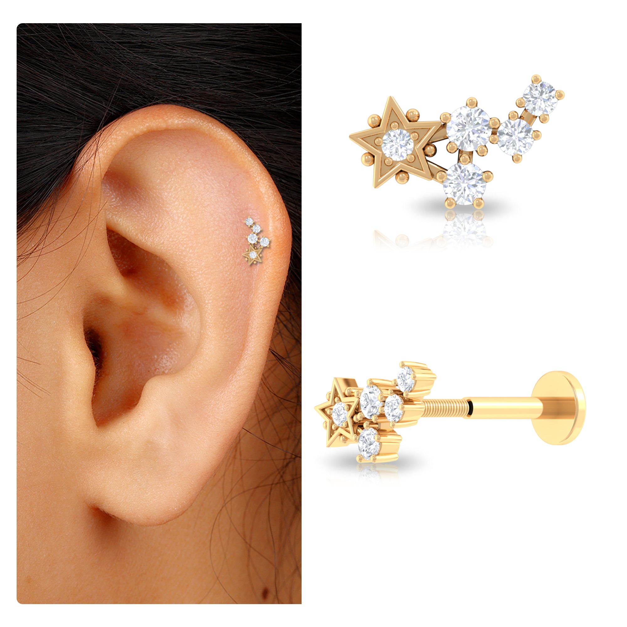 Natural Diamond Star Crawler Earring for Helix Piercing Natural - ( HI-SI ) - Rosec Jewels