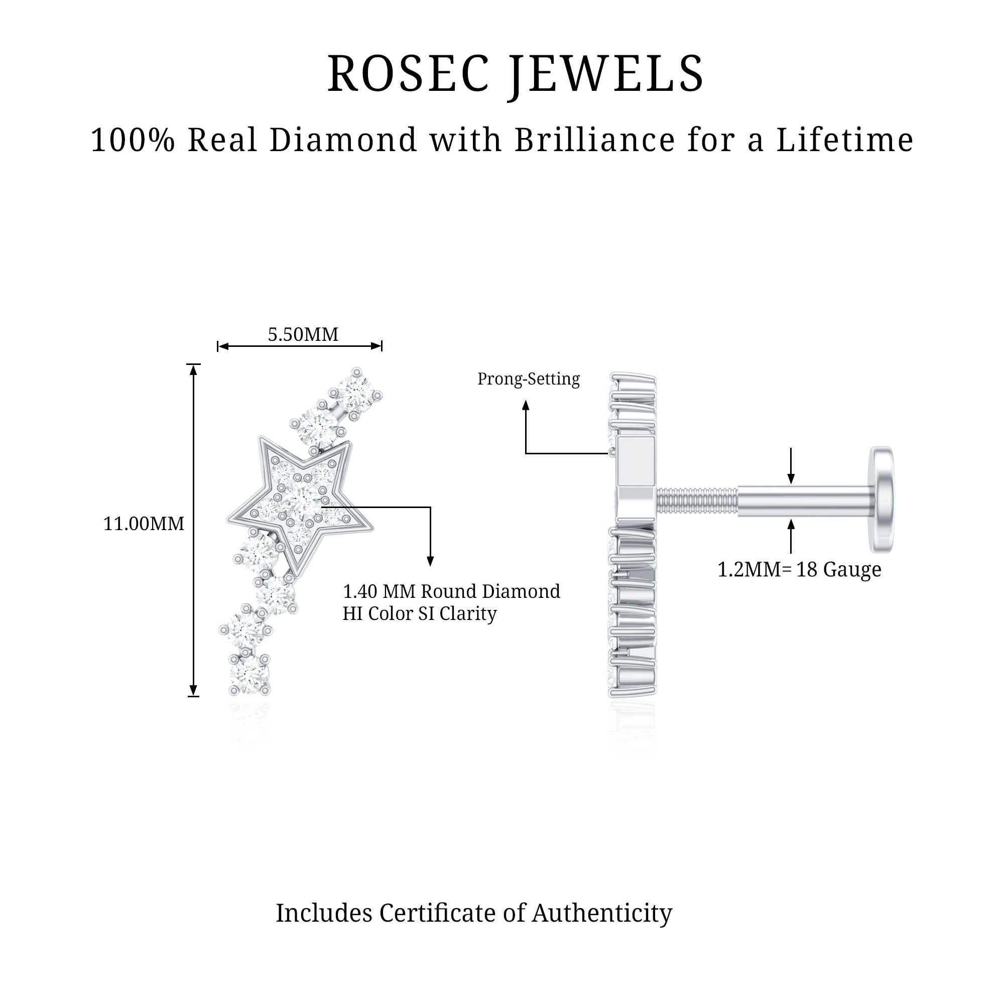 Certified Diamond Star Crawler Earring for Helix Piercing Natural - ( HI-SI ) - Rosec Jewels