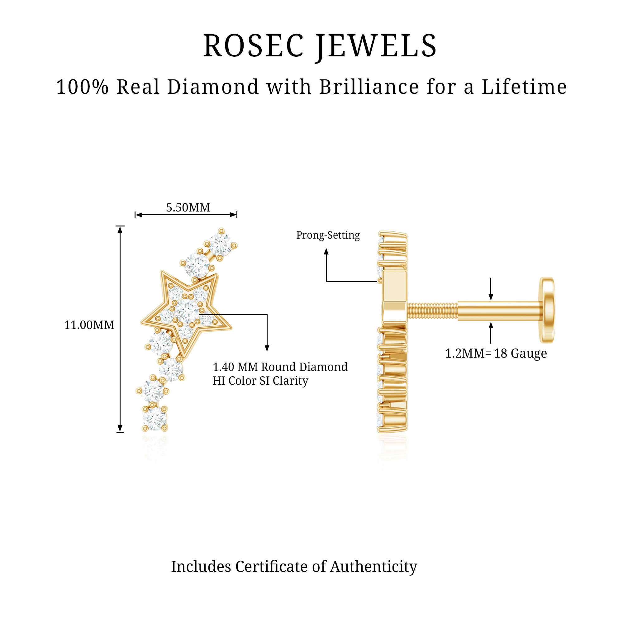 Certified Diamond Star Crawler Earring for Helix Piercing Natural - ( HI-SI ) - Rosec Jewels