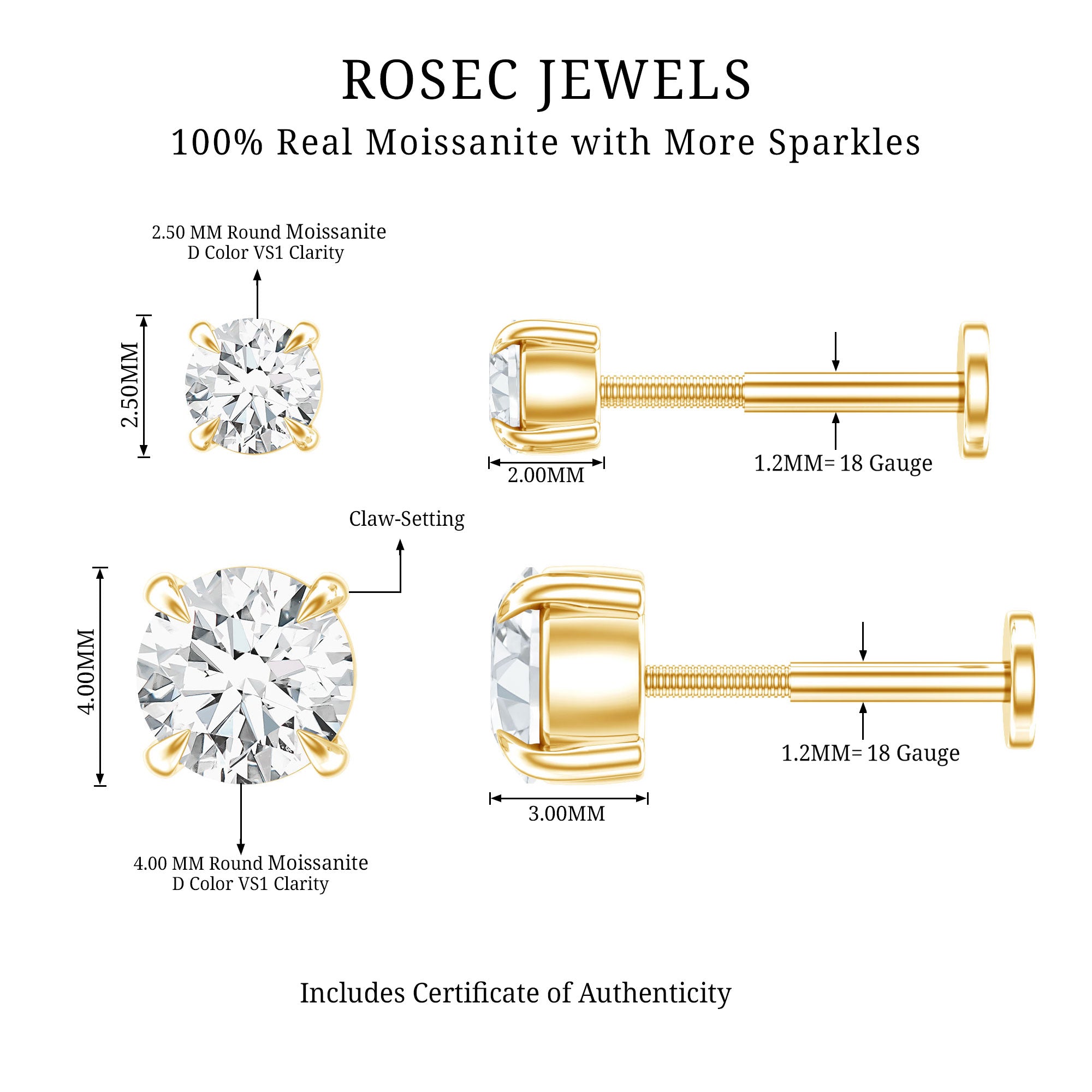Solitaire Round Cut Moissanite Earring Set for Helix Piercing D-VS1 - Rosec Jewels